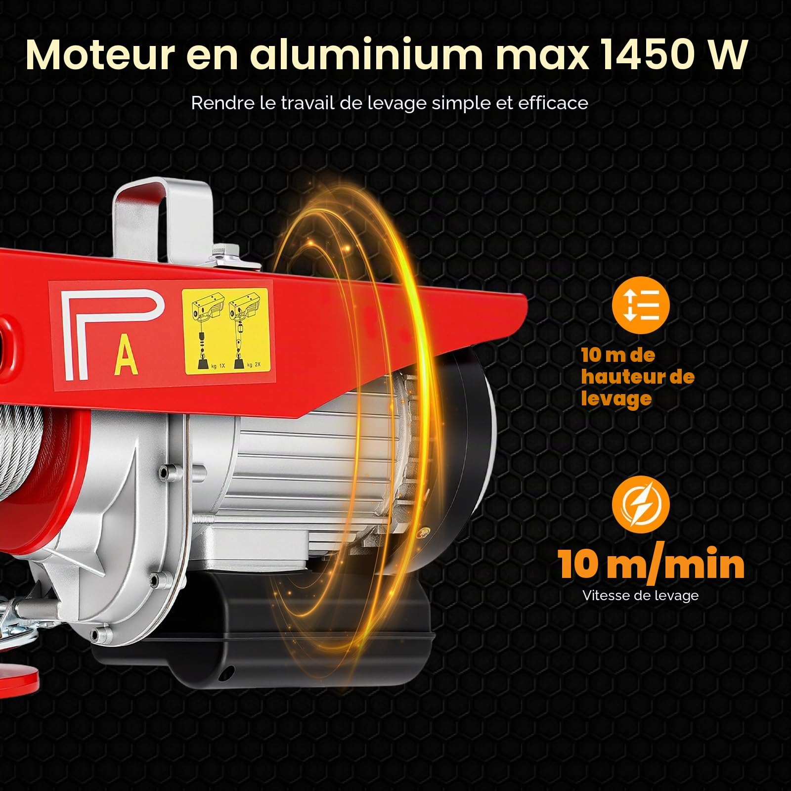 Palan électrique 1350W, Surcharge Ascenseur Treuil électrique 220V, Suspension Simple et Double400KG/800KG,10 m/min, Rouge