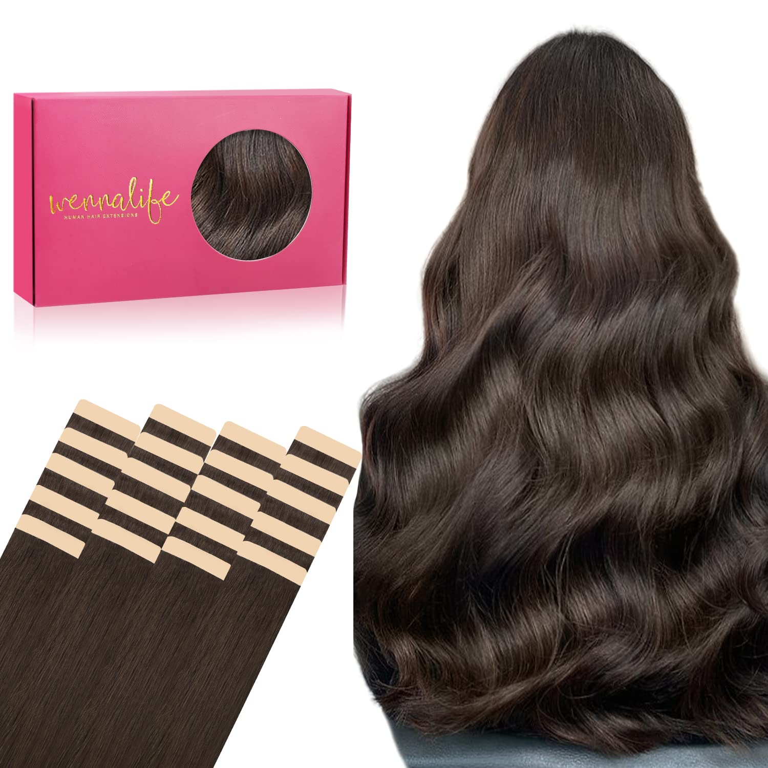 WENNALIFE Tape-In Real Hair Extensions, Real Hair, Pack of 20, 50 g, 35 cm / 14 Inches, Light Dark Brown, Remy