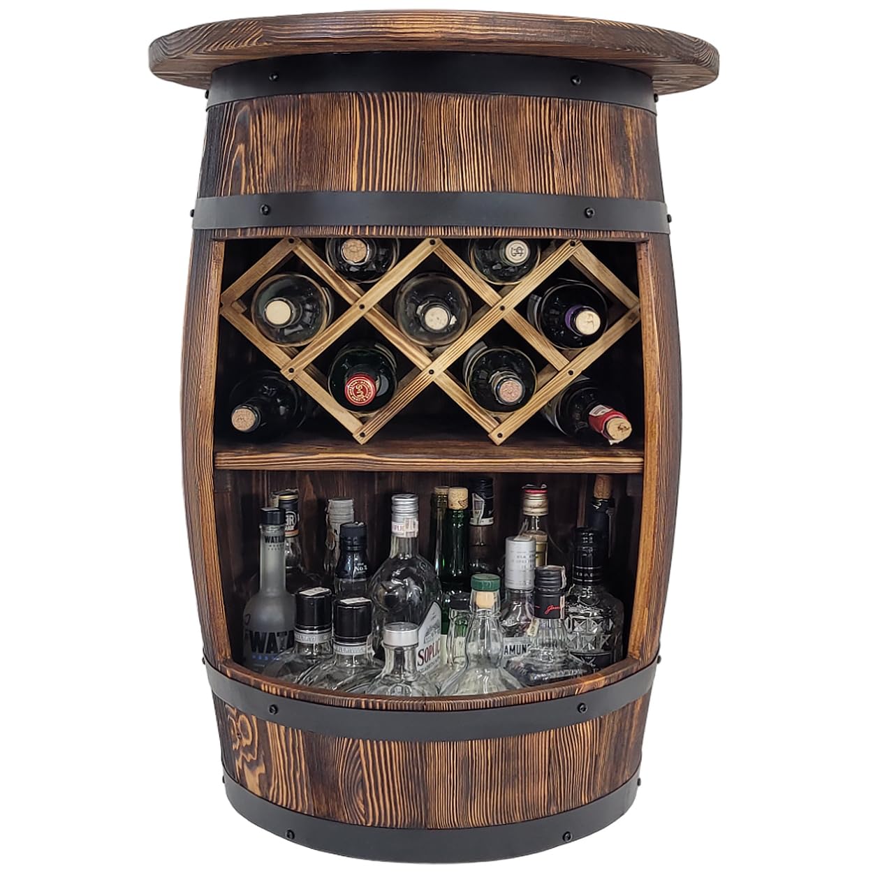 Weeco Barrel Pouf In Legno Spazzolato 45x35 - Sgabello A Barile Con Seduta In Pelle Ecologica - Colore Wengé - Fatto A Mano UE