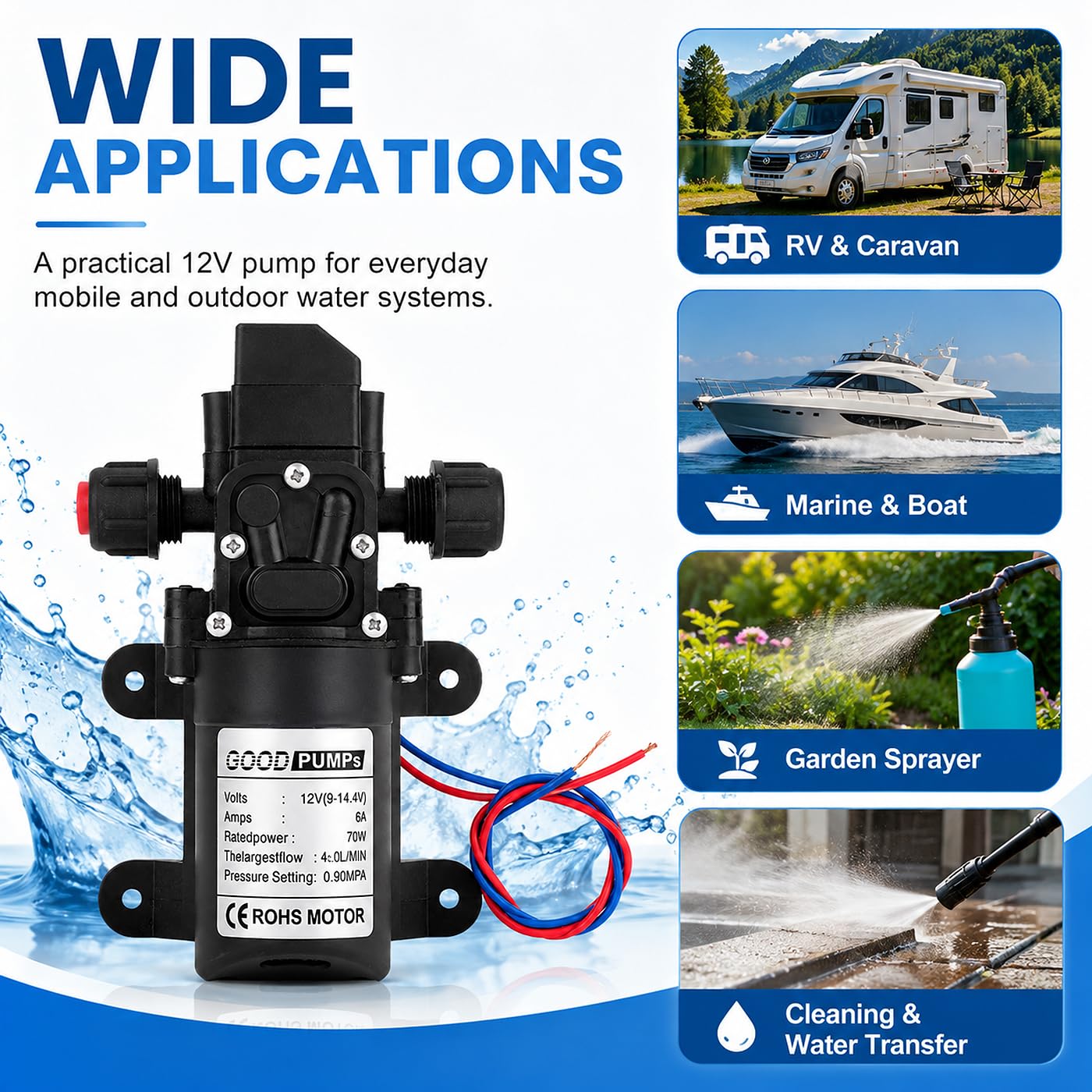 Pompe À Membrane 12V, Pompes À Eau Membrane Haute Pression DC12V 70W Pompe Pulvérisatrice Électrique Auto-Amorçante 6L/Min 0.9Mpa 131Psi, pour Caravane Camping-Car Marin Jardin de Bateaux