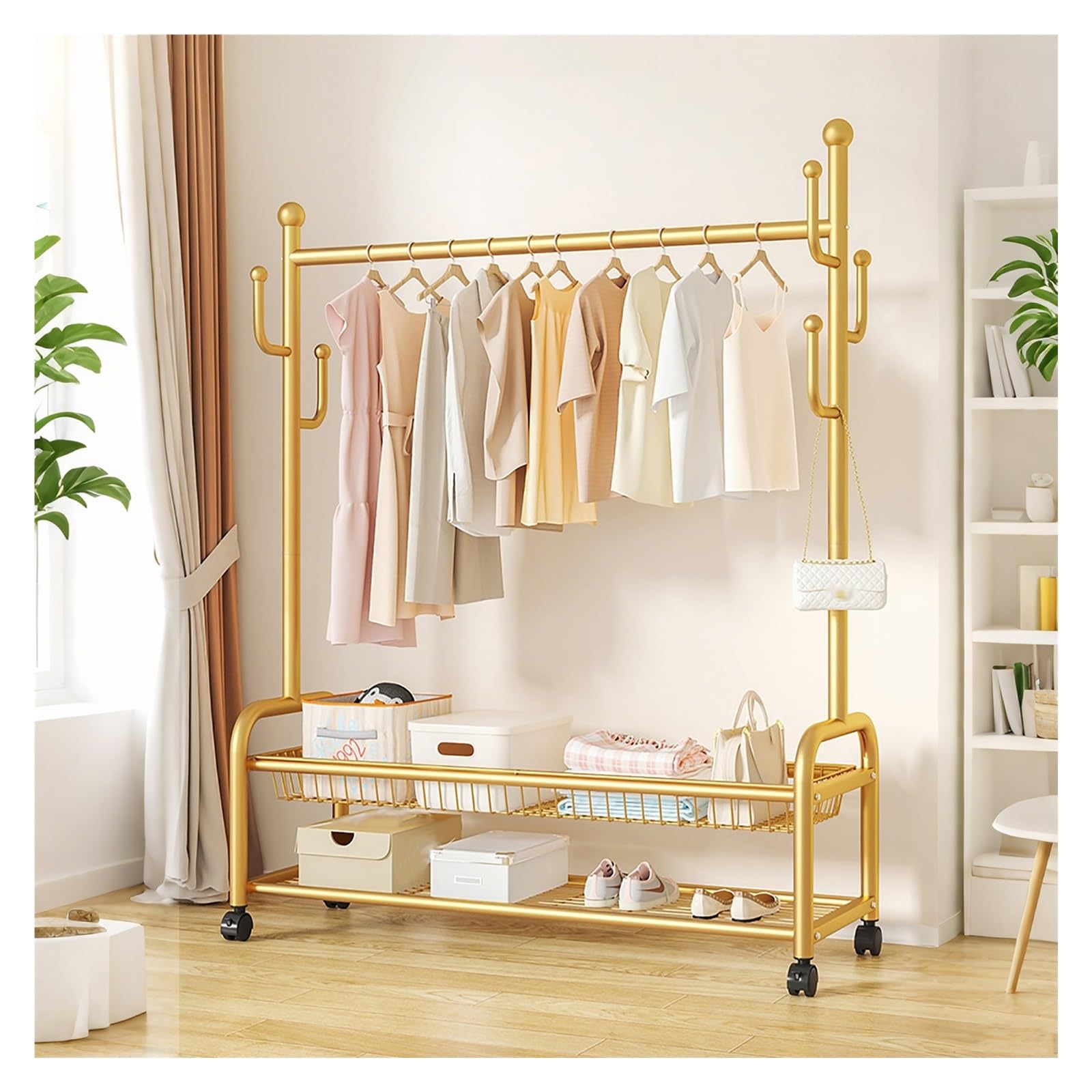Colgador - Appendiabiti in metallo robusto con supporto per scarpe, per camicie e pantaloni, finitura dorata, 80 x 165 x 35 cm, soluzione elegante e funzionale