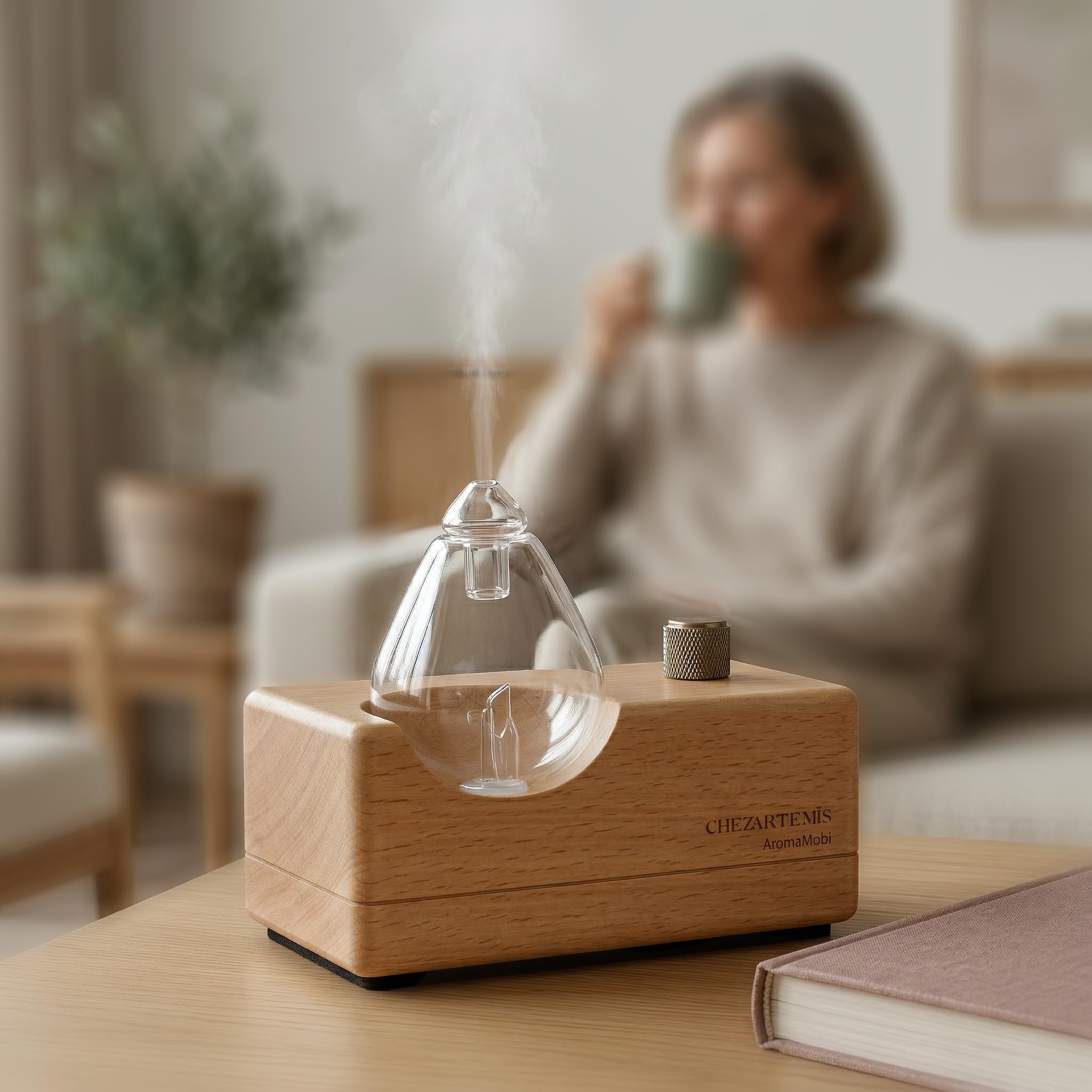 Waterdrop Diffusore di Oli Essenziali in Vetro e Legno Naturale, Nebulizzatore Senza Acqua per Aromaterapia, Diffusore di Aromi Ricaricabile, 4 Modalità & Timer, Ideale per Casa Viaggi Yoga