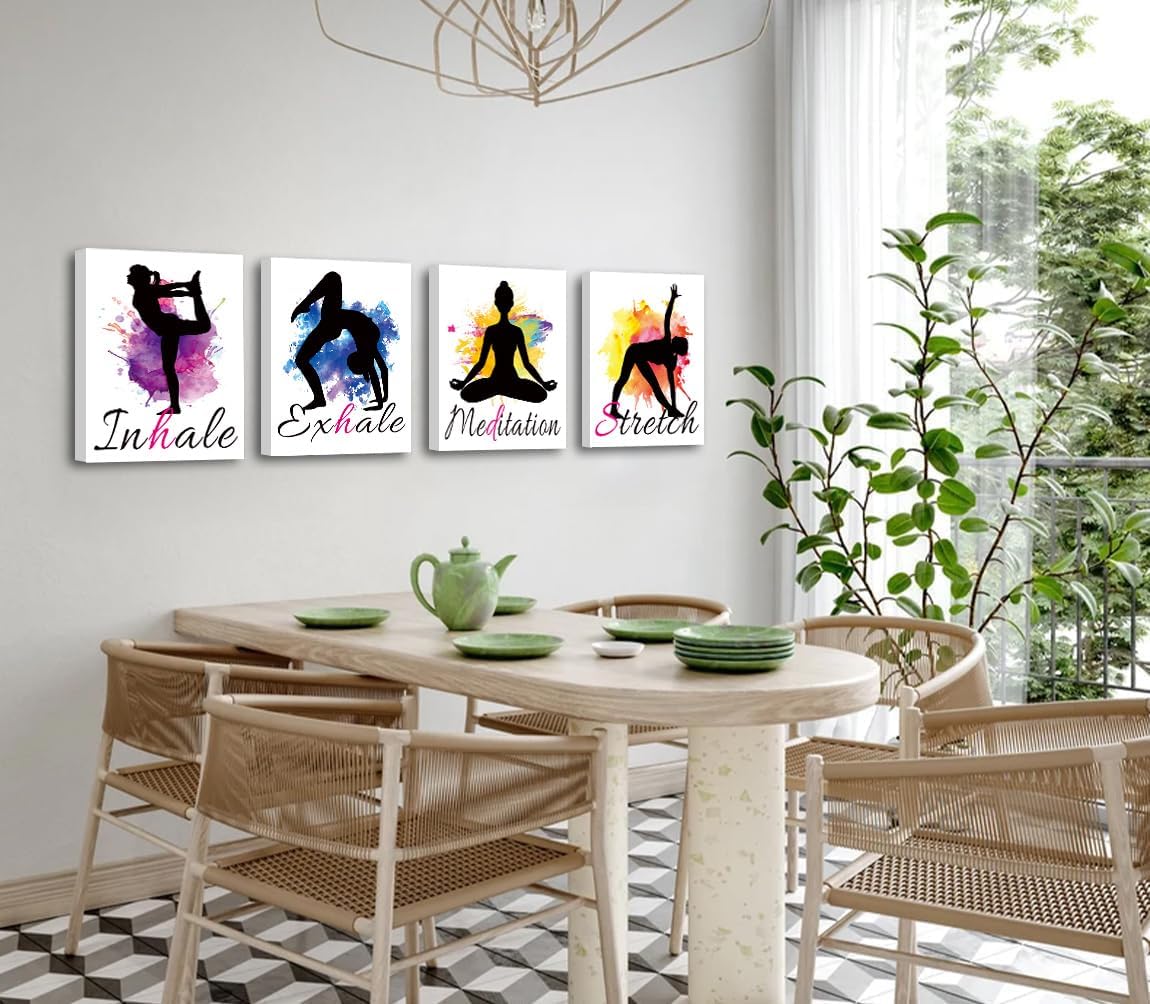 Set of 4 Yoga wall art print posters,Framed Watercolor Yoga Poster,Inhale Exhale Meditation Stretch Sports Room Painting Motivational Quote Artwork,for Home Gym Exercise bedroom Decor 8”X10”inch