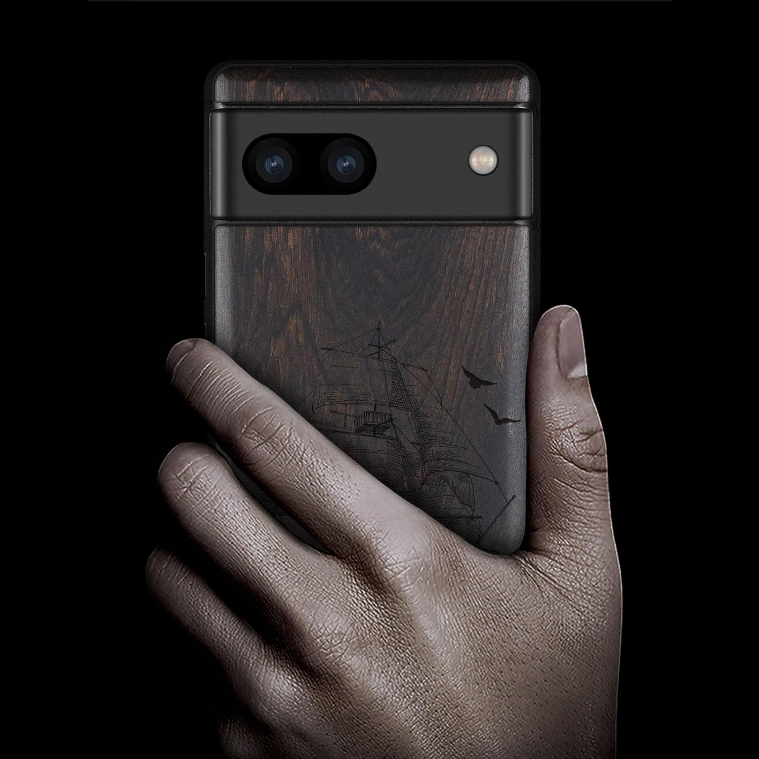 Carveit Wood Case for Pixel 8 Case [Natural Wood & Black Soft TPU] Shockproof Protective Unique Wooden Cover Compatible with Google Pixel 8 (Sailboat-Blackwood)