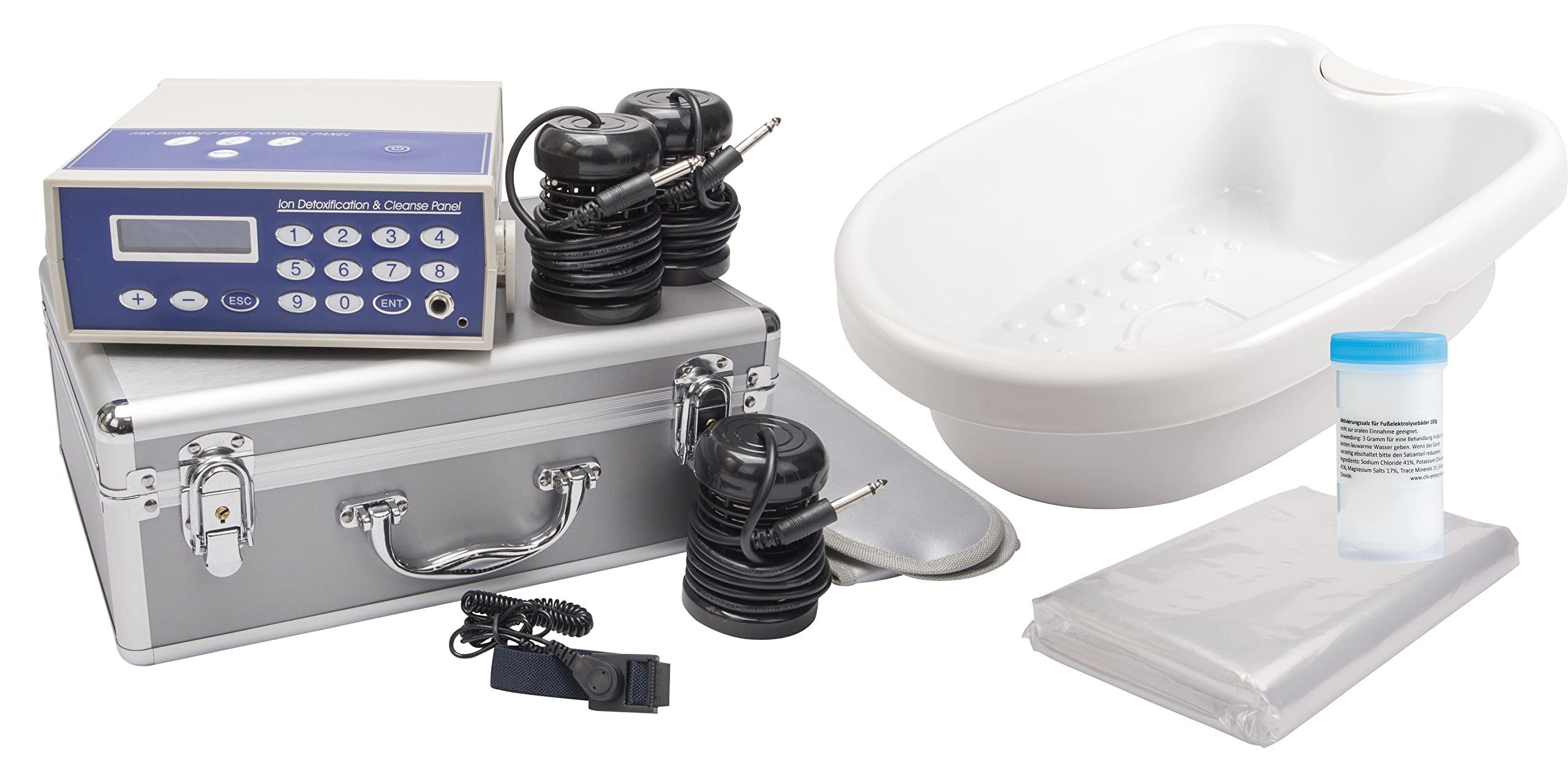 Kit Détox Ionique Premium avec électrolyseur, pédiluve, ceinture infrarouge, écran digital, mallette aluminium – bain de pieds revitalisant et accessoires – CHI-ENTERPRISE