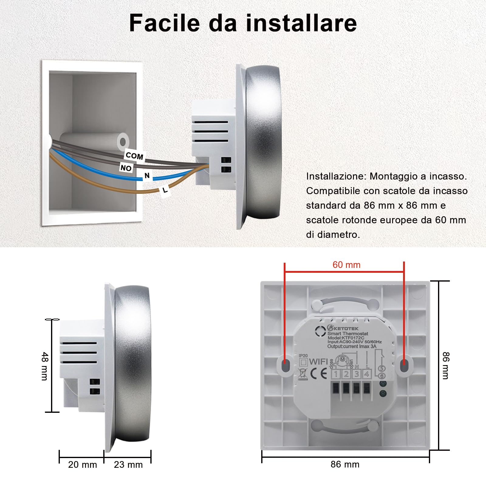 KETOTEK Termostato WiFi per Caldaia 3A 220V, Termostato Intelligente Riscaldamento a Pavimento Programmabile Compatibile con Alexa, Tuya/Smart Life APP Controllo, Contatto Secco, Incassato