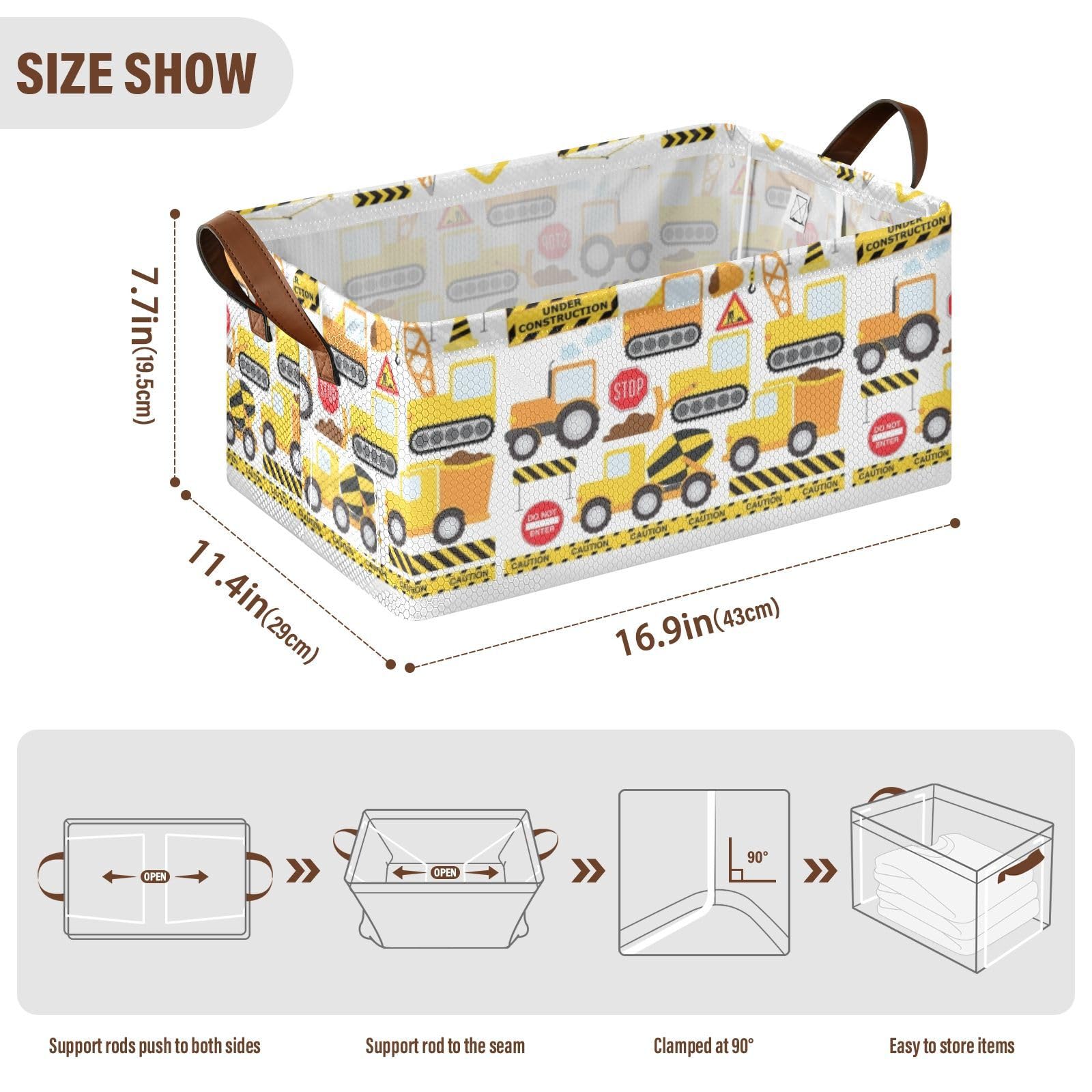 Fygkptb Seamless Yellow Construction Vehicles on White 1 PC Rectangle Foldable Frame Basket Leather Handles Storage Bin for Laundry Bathroom Organizer 16.9 x 11.4 x 7.7 inch