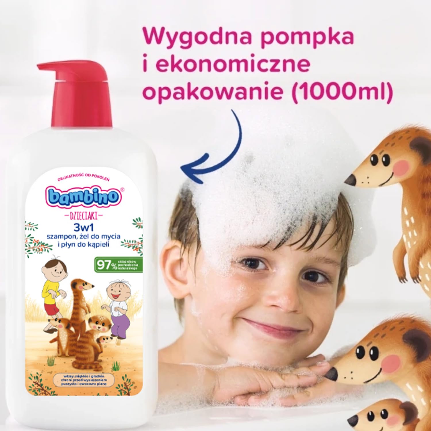 Bambino Dzieciaki 3w1 szampon, żel pod prysznic i płyn do kąpieli Surykatki 1000 ml