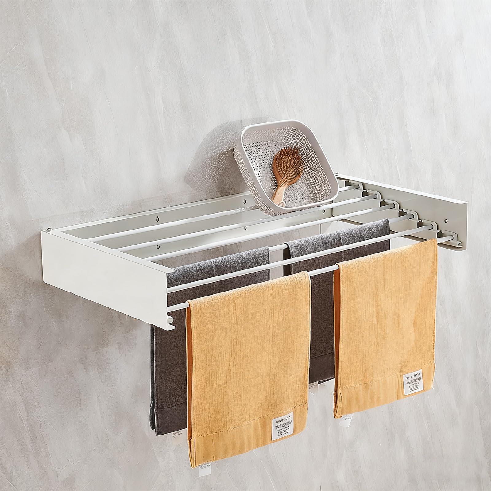 TWSOUL Wäscheständer Wandmontage, Wäschetrockner Wand mit 4 Stangen, Trockenständer 50cm, Ausziehbar, Faltbar Hide, Platzsparender, Kohlenstoffstahl, für Badezimmer, Balkon, Terasse (Weiß ohne Haken)