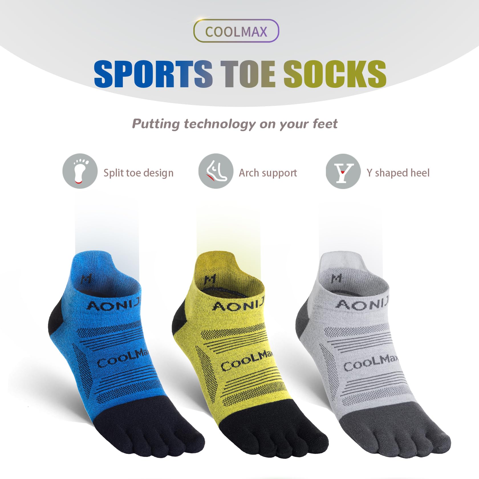 AONIJIE Chaussettes à orteils pour homme et femme haute performance athlétique course à pied 5 doigts, E4839# 3 paires/bleu, jaune, gris clair, Medium