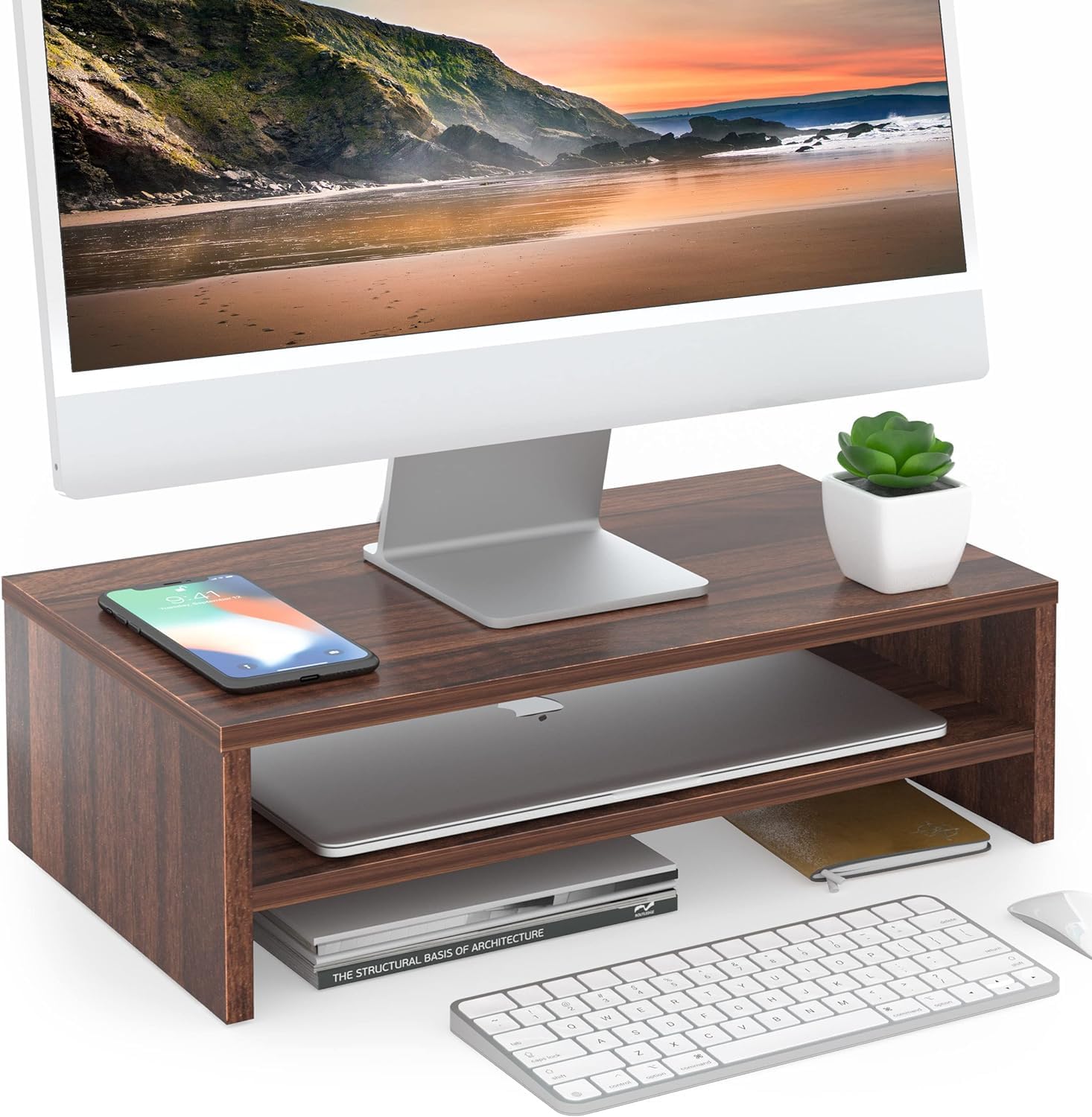 Store Monitor Stand - 2 Tier Computer Monitor Riser with 19 Inch Shelf, Wood Desktop Stand for Laptop Computer Screen, Desk Organization, Office Supplies (Brown)-image-47