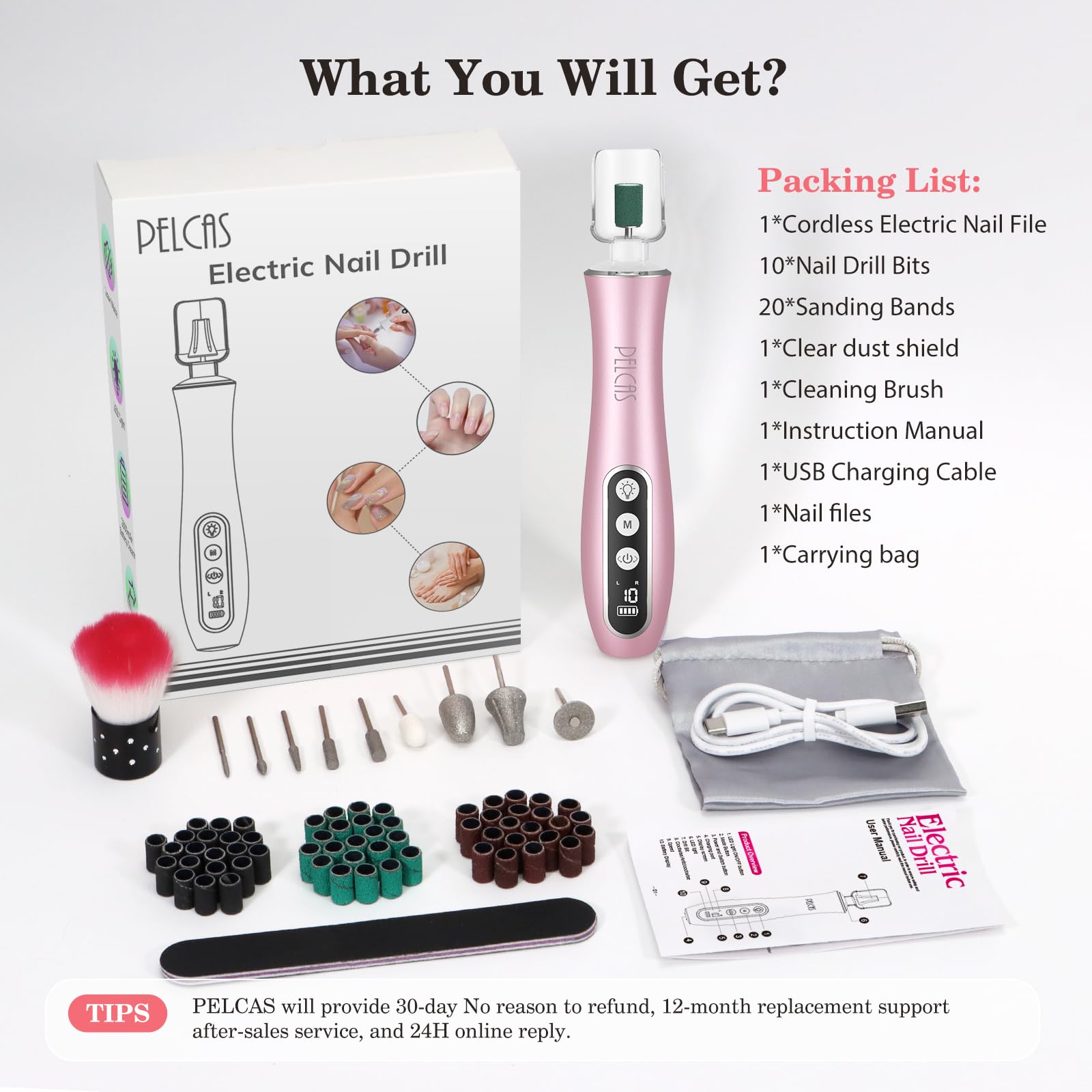 PELCAS Cordless Electric Nail Drill Kit with Light, LCD Display and 10 Speeds