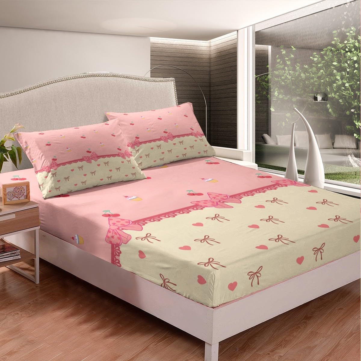 Bowknot Girlish Fitted Sheet Queen Size,Cherry Tropical Fruit Cake Dessert Cartoon Bedding Set,Girls Women Room Decor,Dots Love Heart Bow-tie Bed Cover,Pink Kawaii Bed Sheet,2 Pillowcases
