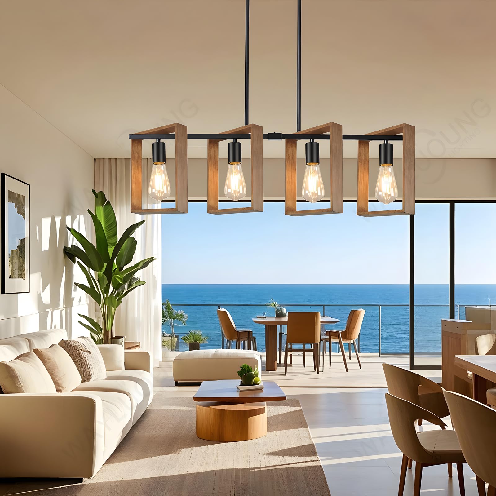 Iluminación De Isla De Cocina Negra, Lámpara De Comedor De 4 Luces De L80cm, De Altura Ajustable, Lámpara De Araña Con Marco De Madera, Cocina, Luces De Mesa De Billar, E27 (Bombillas No Incluidas)