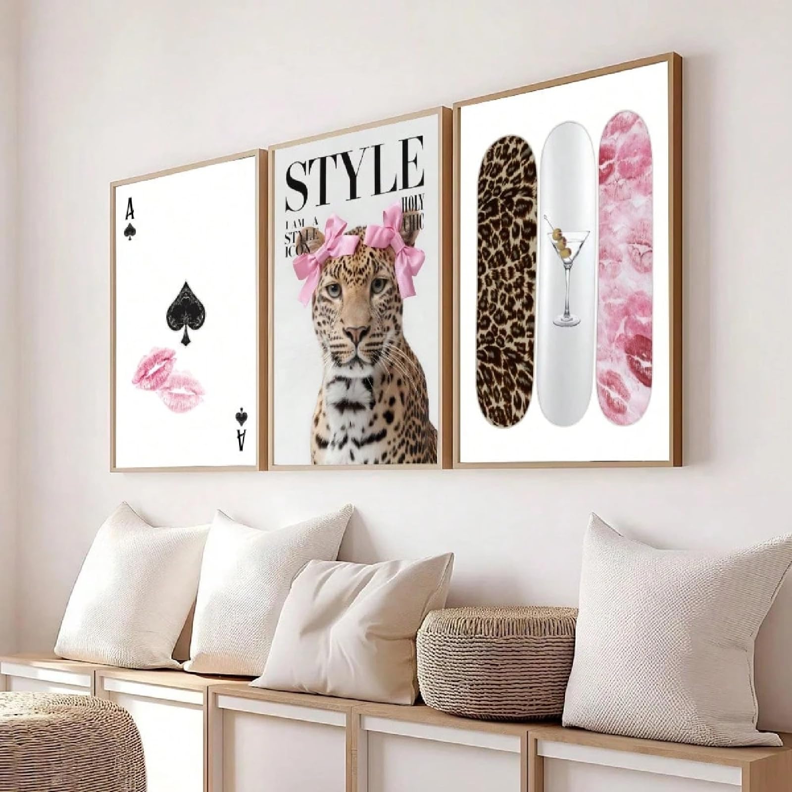 ZBELLO Set of 3 Posters, Leopard Wall Art, Pink Fashion Poster, Pink Lip Cheetah Bow Glass, Trendy Preppy Girly Bedroom Dorm Decor Unframed (21 x 30 cm (unframed))