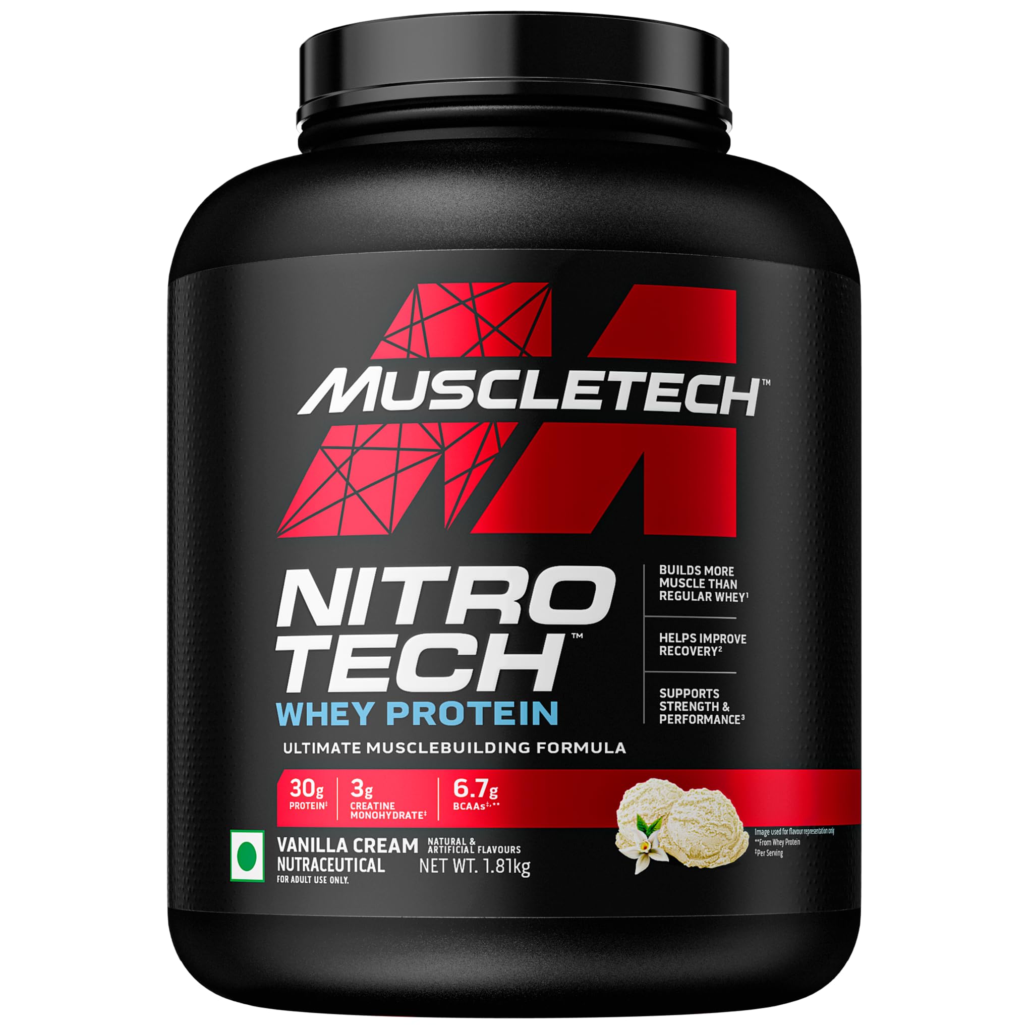 Nitro-Tech Whey Protein, 1.81kg (4lbs), Vanilla Cream, 30g Protein, 3g creatine monohydrate, 6.7g BCAA, ultimate muscle building formula, increase strength & performance
