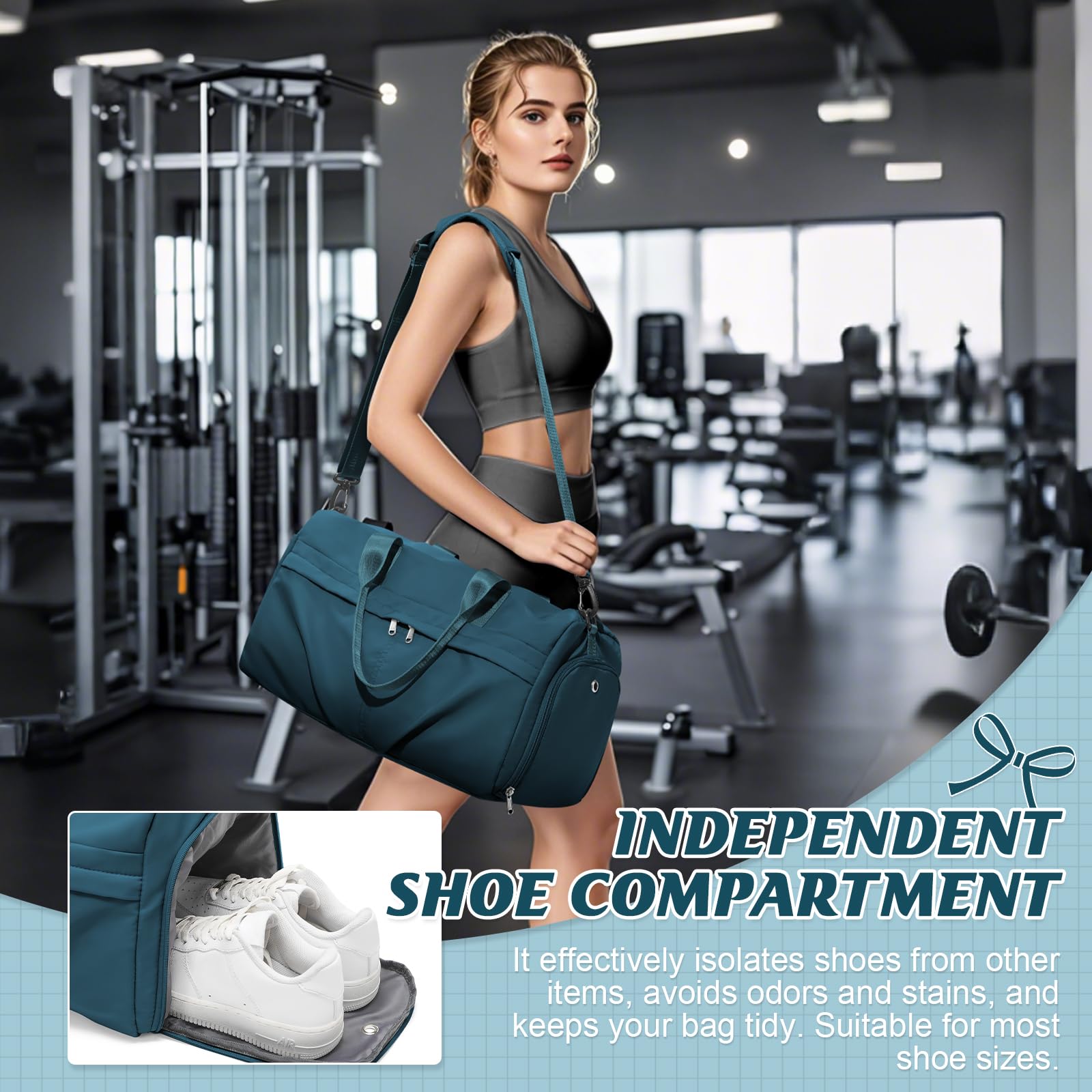HYC00 Borsone Palestra Uomo Donna Borsa Sportiva Borsone da Viaggio Sportivo Borsa da Weekend Palestra Grande per Donna Impermeabile Duffel Bag Sport with Tasca Asciutta e Bagnata e Scarpe,Blu Pavone
