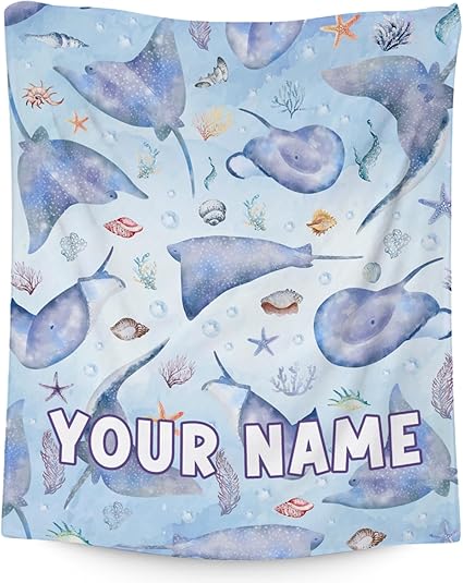 Custom Stingray Blanket with Name for Girls Boys, Cute Soft Gifts for Ocean Lovers, Cozy Flannel Throw for Bed Travel, 50"x60"