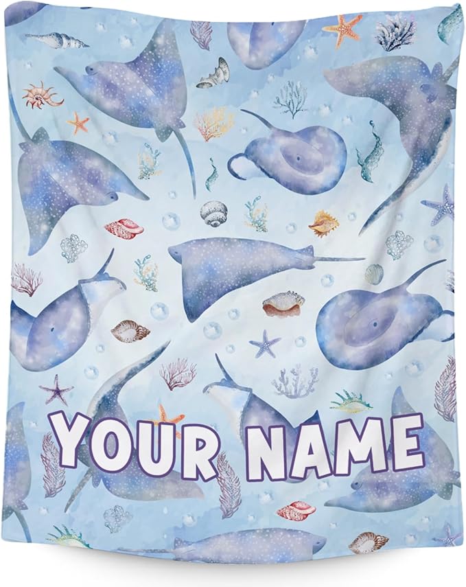 Custom Stingray Blanket with Name for Girls Boys, Cute Soft Gifts for Ocean Lovers, Cozy Flannel Throw for Bed Travel, 50"x60"