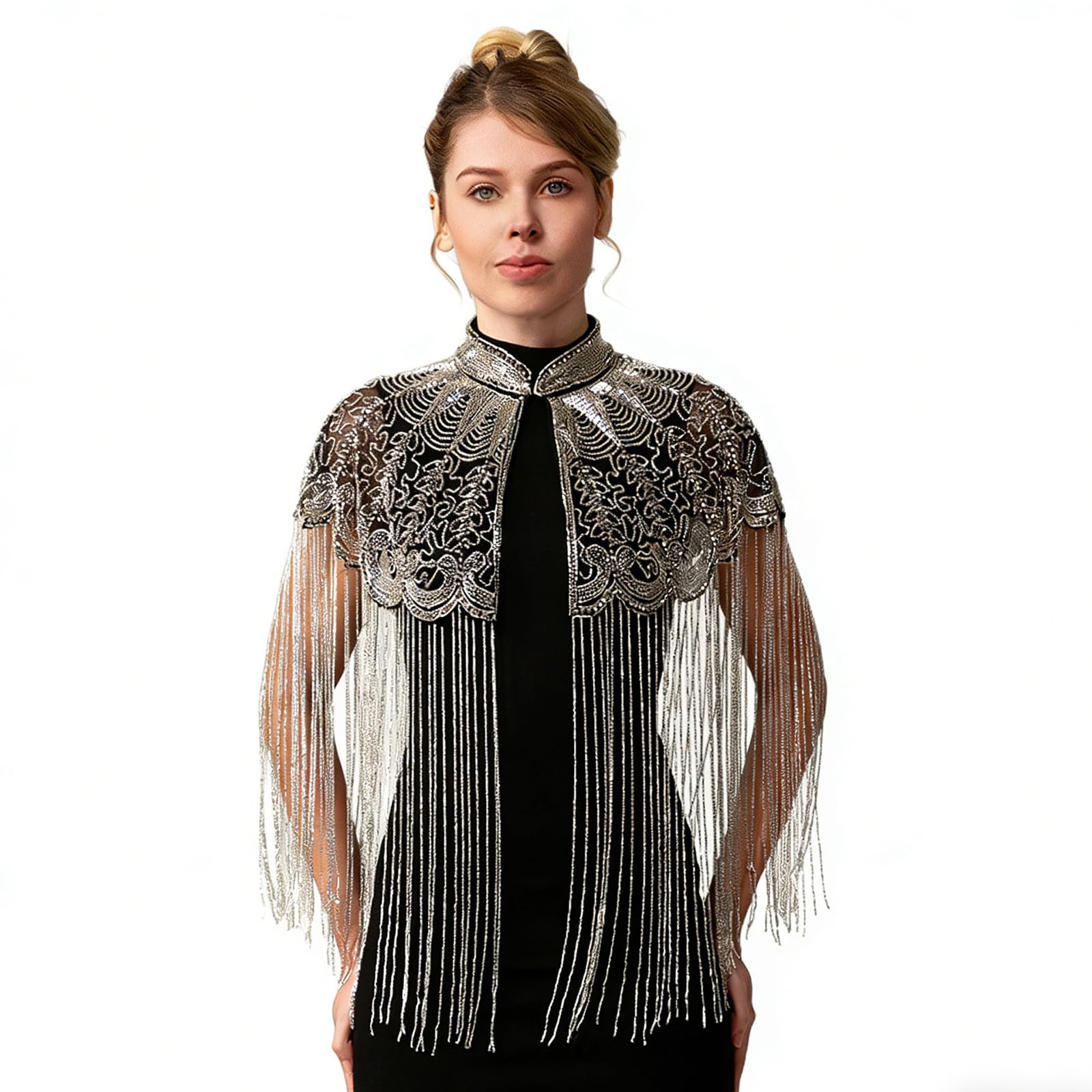 Elegante scialle ricamato in poliestere con frangia lunga e perline Decors Prom Dinner Wrap per donne e ragazze con frange