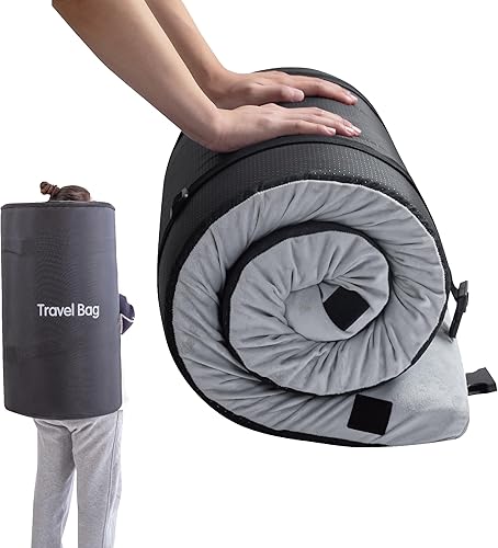 Colchón de espuma viscoelástica de 2.5 pulgadas, cubrecolchón portátil enrollable para dormir con parte inferior impermeable y antideslizante,