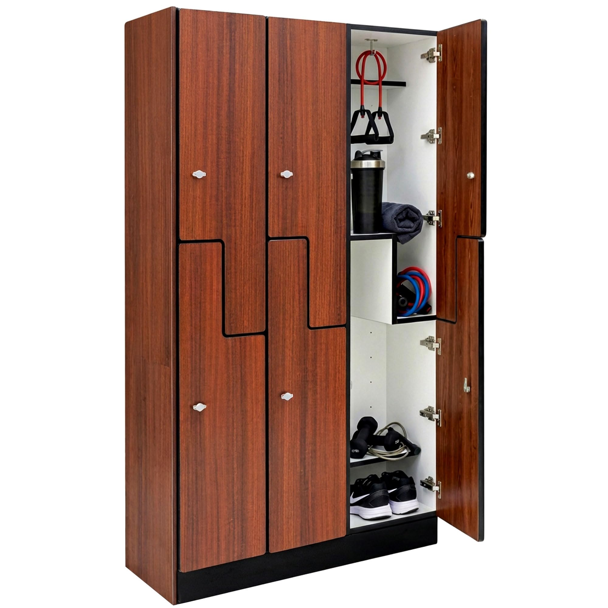 Photo 1 of ***UPDATED 5/3*** Alpine Z-Style 6 Door Wooden Locker Cabinet - 72" Expandable Commercial Storage Lockers for Gym, Spa, Office & Golf Club - Includes Metal Base & Lock-Ready Handles, Triple Column 2 Tier - Walnut