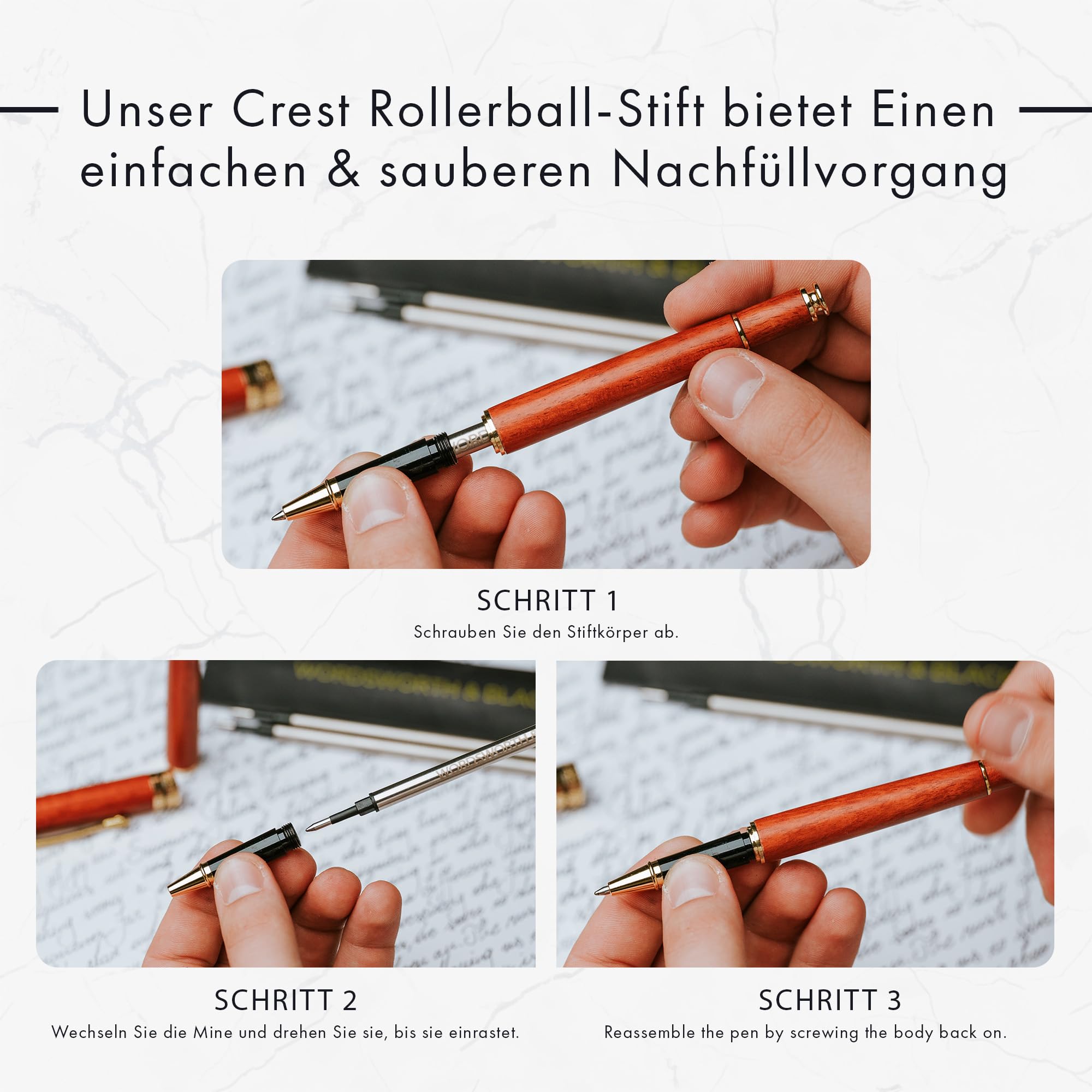 Wordsworth and Black Rollerball Pen - Atemberaubender Luxus-Stift aus Bambus Ahornholz, Goldfinish, nachfüllbar, Geschenkset für Männer & Frauen, Tinte, Bürobedarf