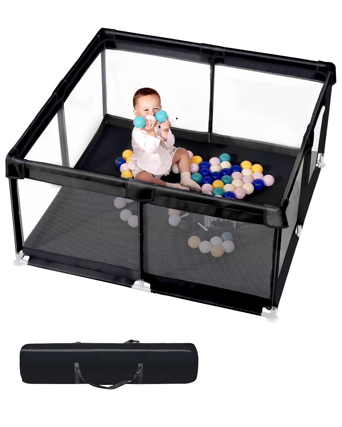 Baby Playpen – Extra Large Baby Play Yard for Toddlers, Indoor & Outdoor Safe Play Area with Anti-Slip Base, Easy Assembly & Storage, BPA-Free, (130x130x66cm,Black)