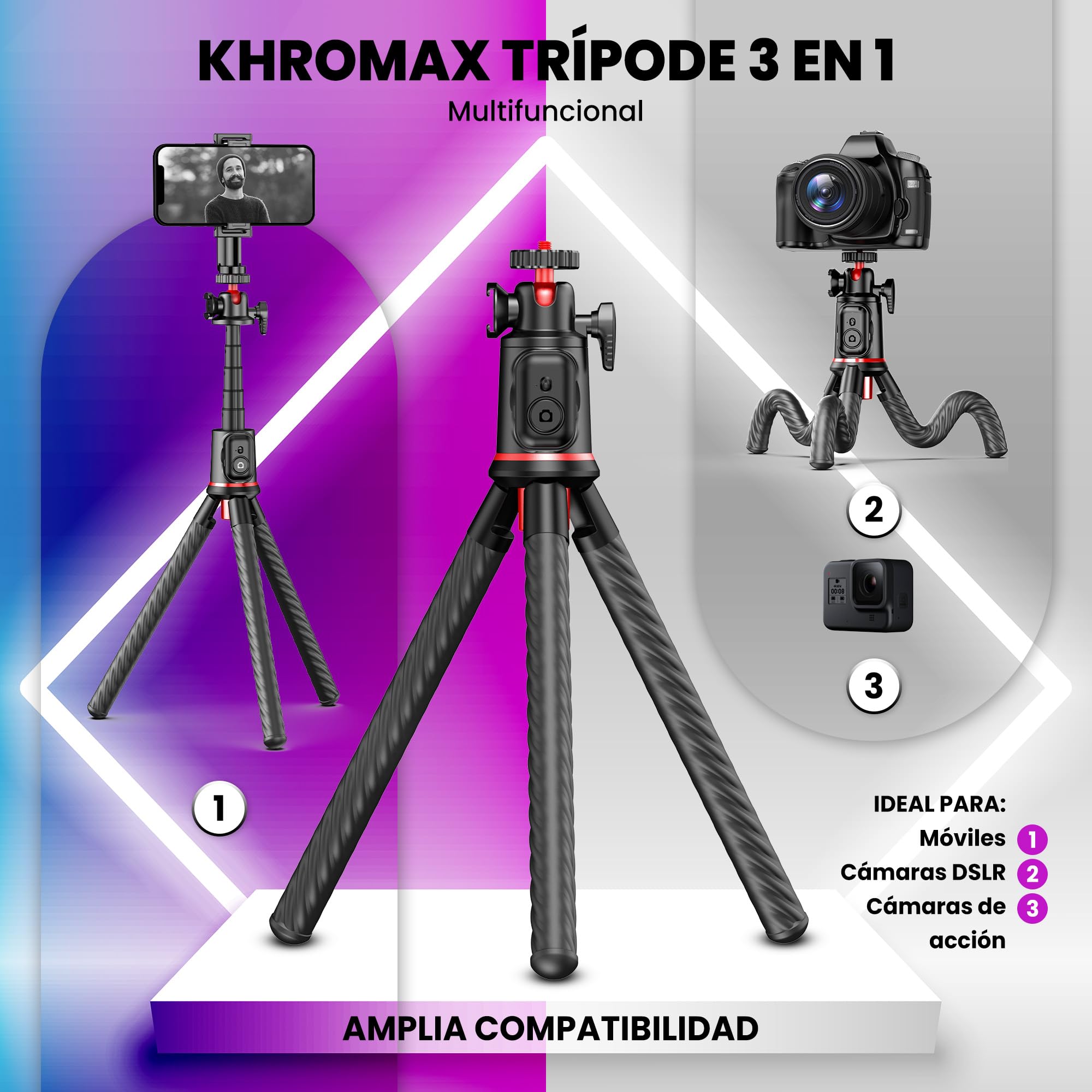 KHROMAX Treppiede flessibile 3-in-1 con Selfie Stick estensibile 64 cm + controllo Bluetooth, compatibile Phone/Android