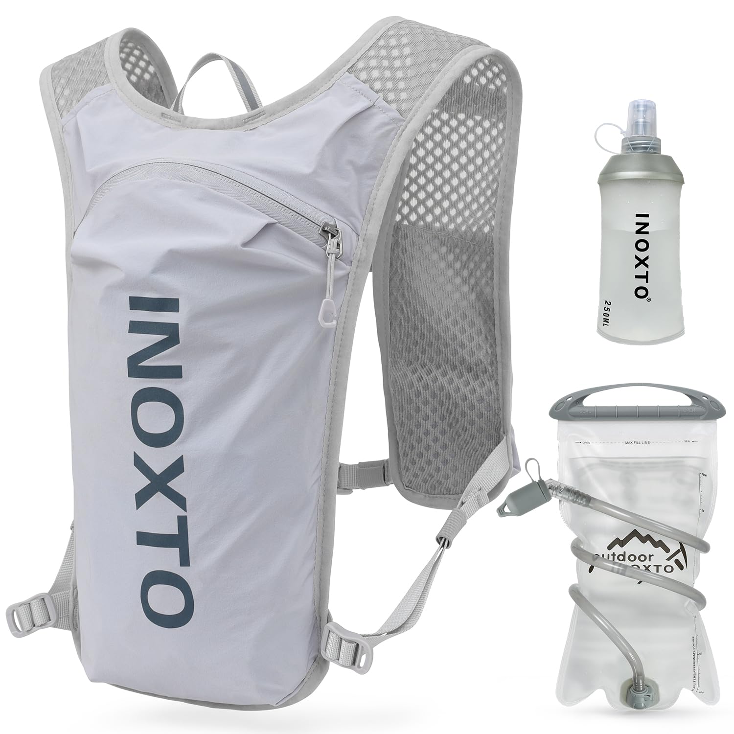 INOXTO running water bag vest backpack with1.5L water bladder hydration pack backpack suitable for running, cycling, mountain climbing, camping for men women (Light gray 1.5L water bag, standard)