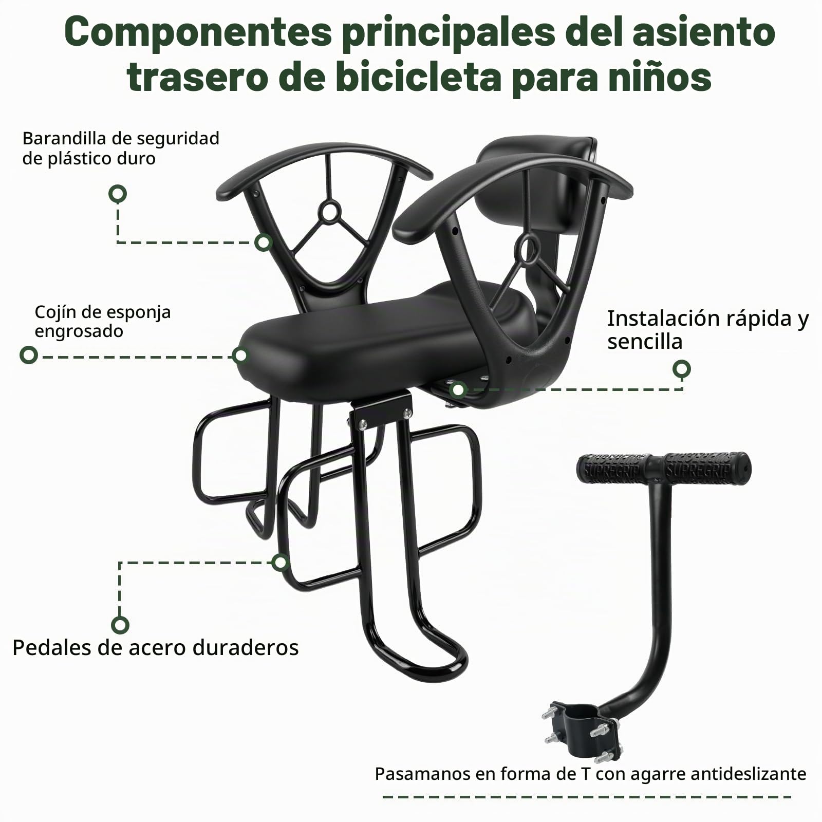 Asiento trasero para bicicleta, asiento trasero ajustable, con reposabrazos y reposapiés de seguridad, asiento de seguridad para niños de 2 a 6 años, adecuado para bicicletas con portaequipajes