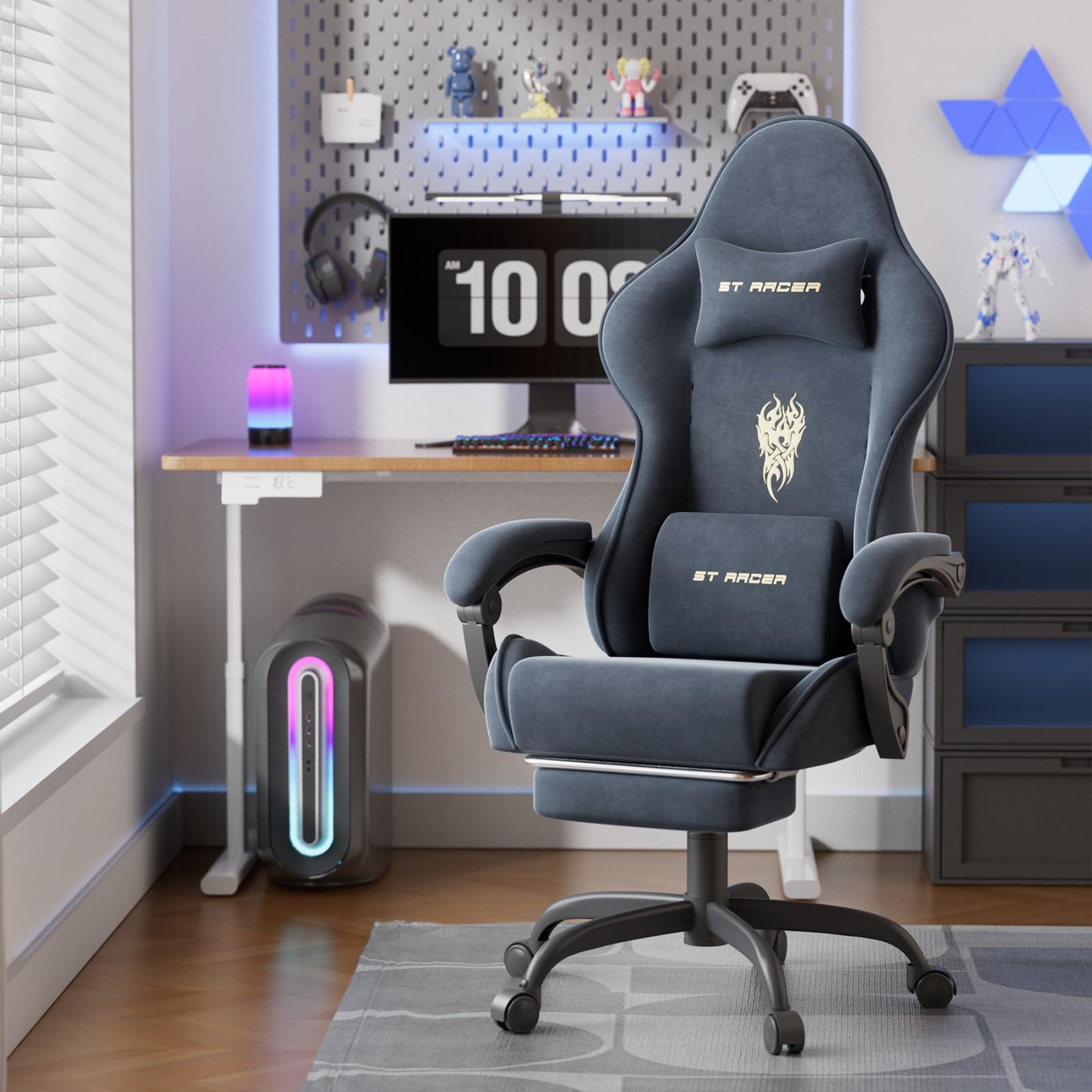 Sedia da Gaming, Sedia da Ufficio Girevole con Supporto Lombare e Testa Regolabile, Braccioli e Poggiapiedi, Rivestimento in Tessuto Traspirante per PC Racing (Grigio)
