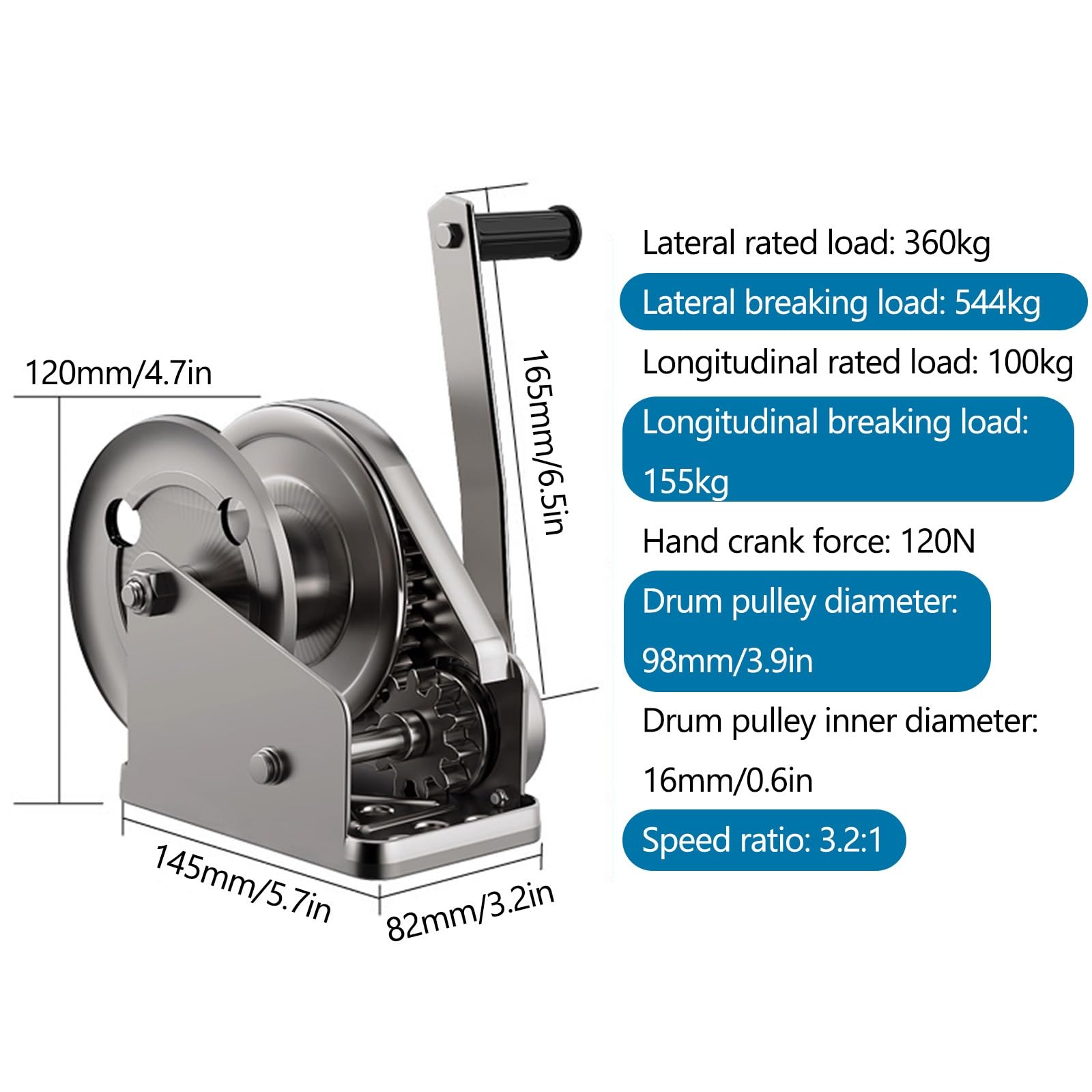 Manuelle Seilwinde 304 Edelstahl Hebebühne, kompaktes Design, Dual-Direction-Ratschenmechanismus zum Heben und Abschleppen – ohne Drahtseil und Haken