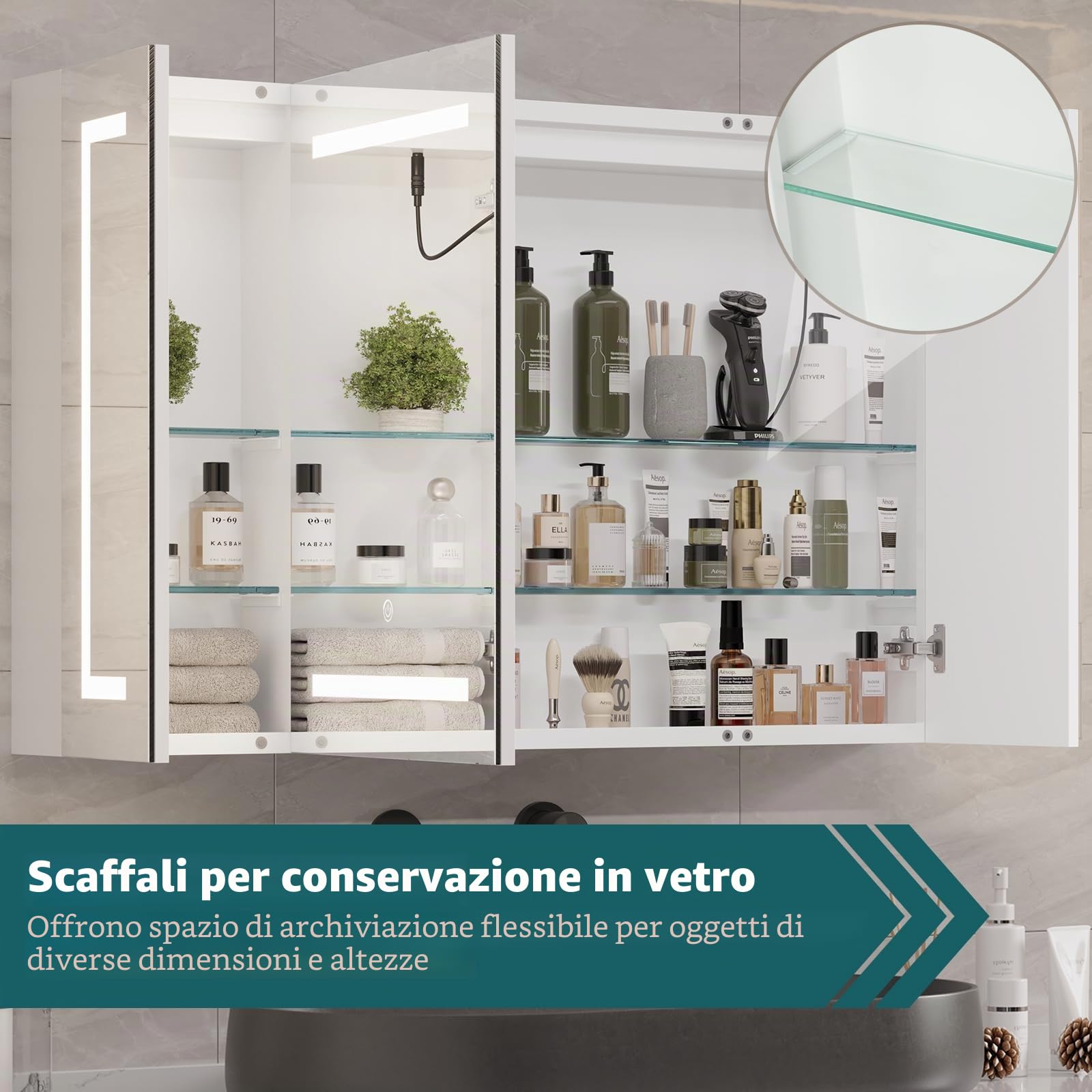 DICTAC Specchio Bagno Contenitore con luce e Presa 100x60x13,5 cm Mobile a Specchio Bagno con illuminazione Led Tre Ante Armadietto a specchio da bagno con Ripiano,in Metallo,Bianco
