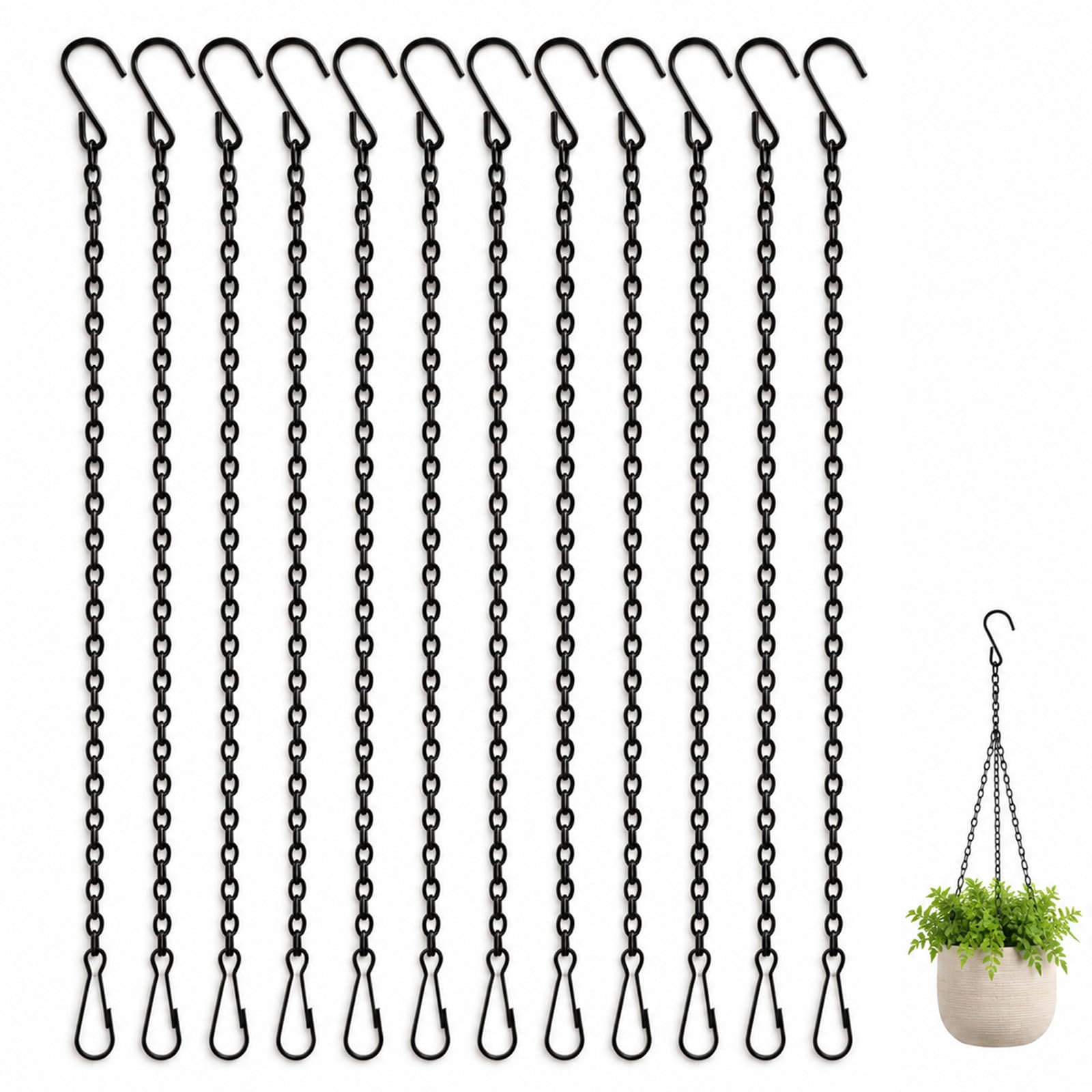 12 Pack Hanging Basket Chains, 9.5Inch/24cm Hanging Chains, Black Metal Heavy Duty Plant Hanger Chains with Swivel S Hooks and Clips, Metal Hanger Chains for Garden Planters Wind Chimes Signs