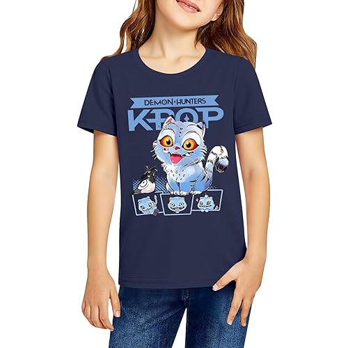 BCFSITNBH Kpop Demon Hunters Shirt Kids Cute Derpy Tiger Cartoon T-Shirt Boys Girls Summer Short Sleeve Anime Graphic Tee Top - 01-navy - 130