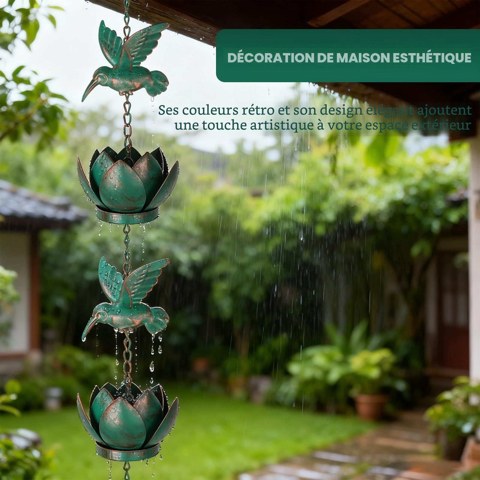 Tefola Chaîne de pluie en métal en forme de feuille bleue de 2,6 m avec 12 feuilles, collecteur de pluie décoratif de remplacement pour descente de gouttière, pour décorer votre maison, jardin et