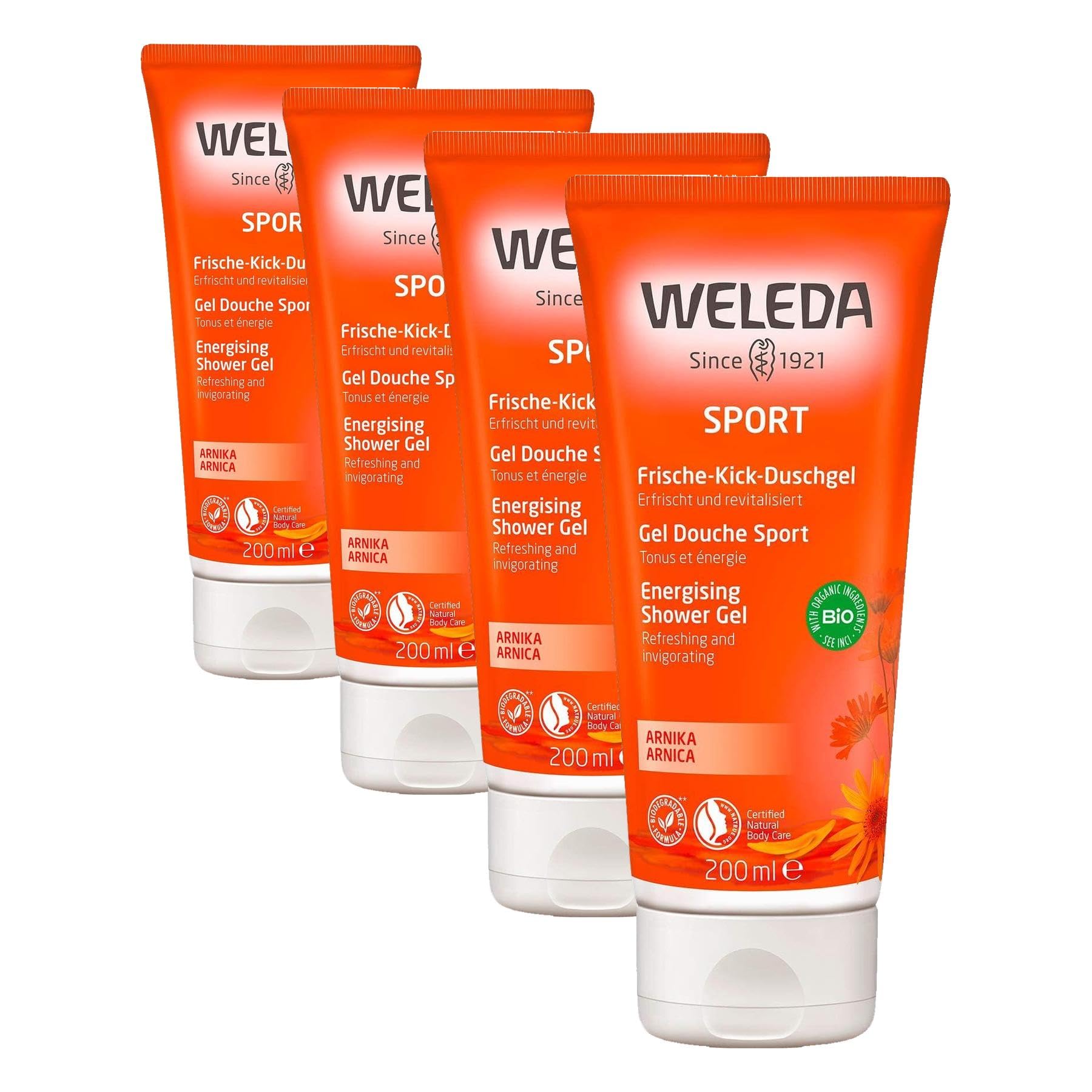 Weleda – Gel de Ducha Sport, Limpia sin Resecar, Revitaliza la Piel y Relaja los Músculos, con Extracto de Árnica y Aceites Esenciales, 100% Biodegradable, Vegano, para Todo Tipo de Pieles – 200 ml