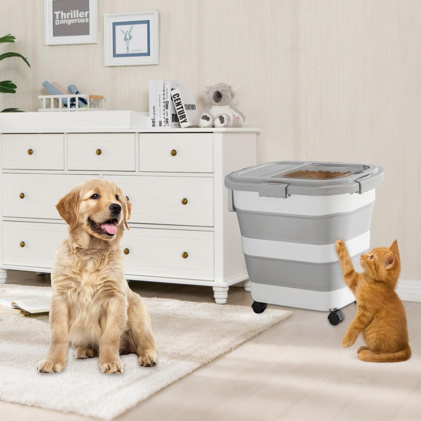 Contenitore per cibo per cani, 10-15 kg, pieghevole, con ruote, contenitore per cibo per cani, contenitore per cibo per animali, cibo secco, per cani e gatti