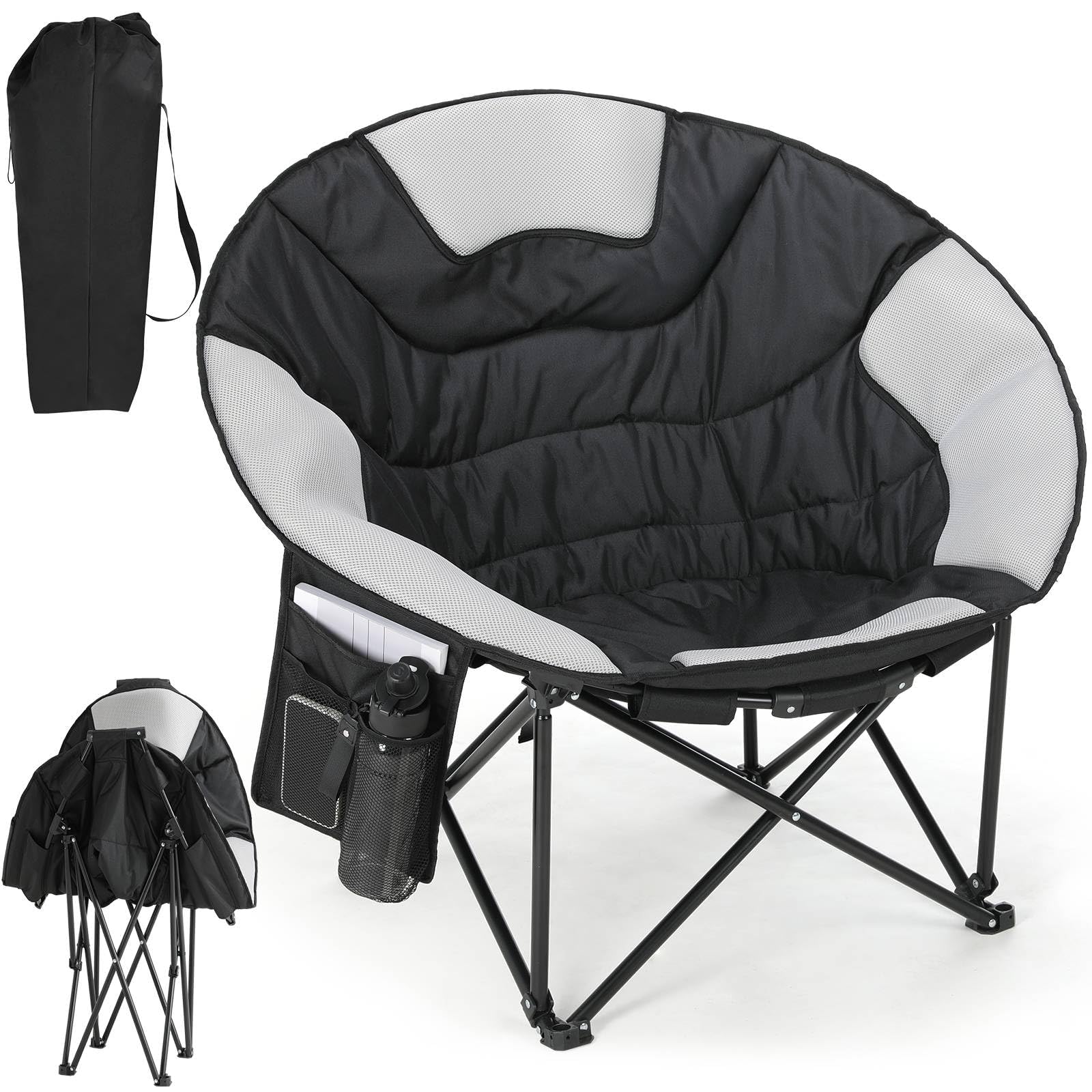 LIFERUN Camping Chair 105×83×95cm, Folding Moon Chair with Paded Seat & Breathable Mesh, Cup Holder, Non-slip Feet, Storage Bag & Support 150KG, Oversized Portable for Garden/Fishing/Outdoor/Indoor