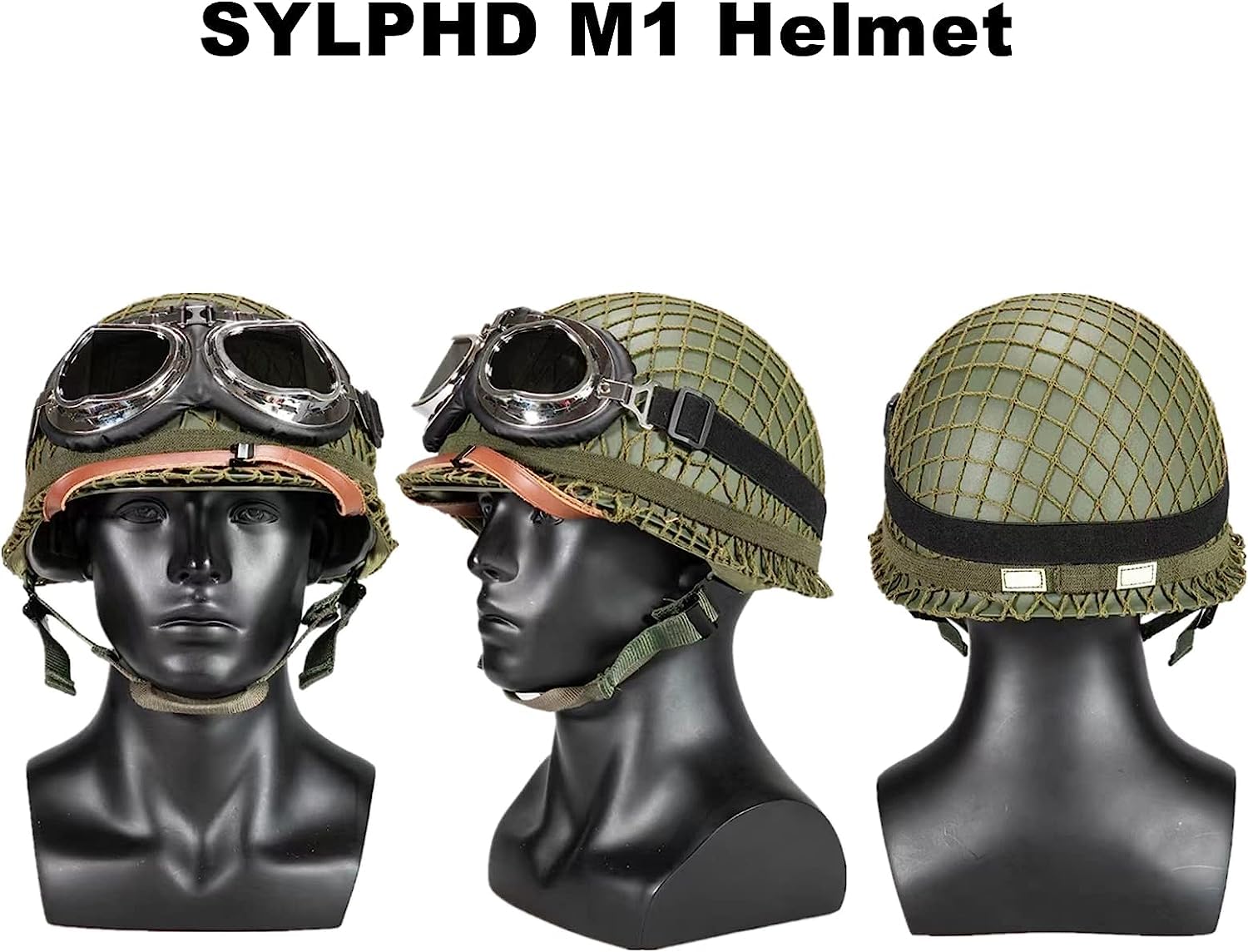 Airsoft Outdoor WW2 US M1 Casque d'extérieur avec lunettes de champ en acier avec filet et ceinture œil de chat (vert)