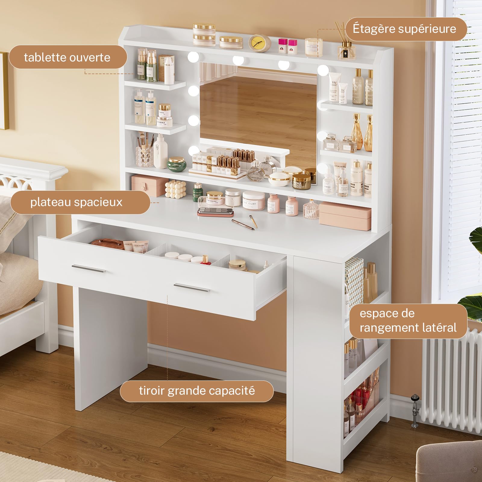 TEENFON Coiffeuse avec Miroir,Luminosité Réglable,3 Couleurs, Coiffeuse avec 4 étagères Ouvertes, Blanc,Rangement Latéral