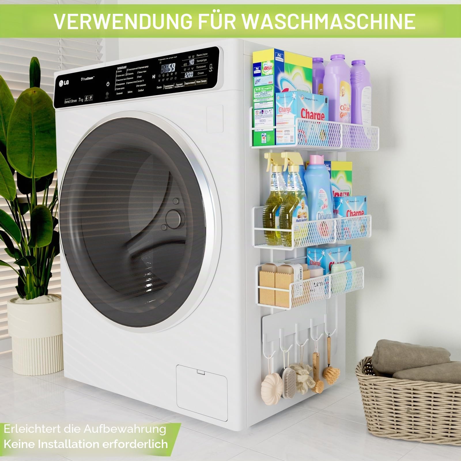 Magnetische Regale für Waschmaschine, robust, magnetischer Wäsche-Organizer mit Haken, Waschmaschinenregal für Kühlschrank, Metall-Aufbewahrungskörbe, Schrank und Waschküchen-Organisation (weiß), 4
