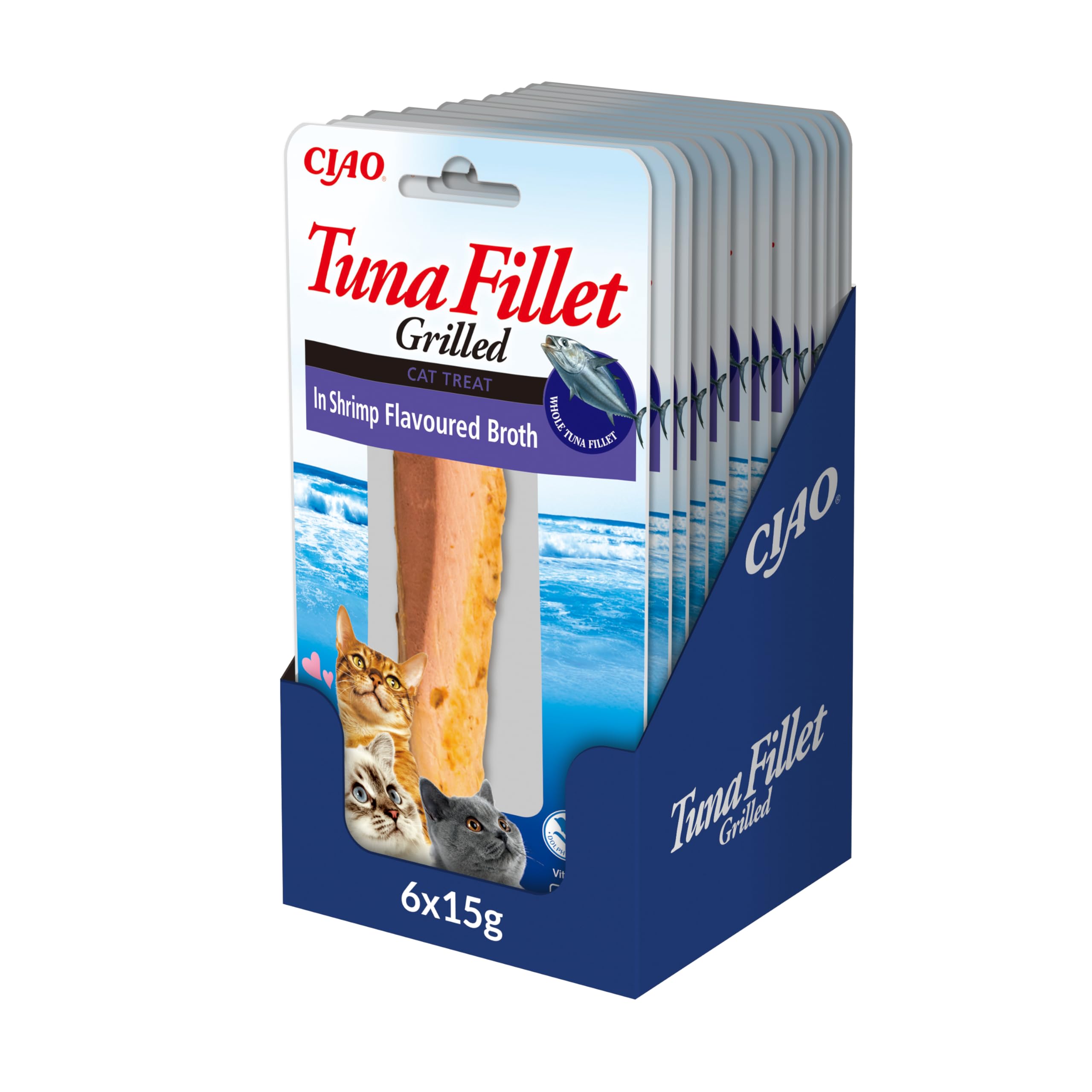 INABA Tuna Fillet Grillowany - Przysmaki dla kotów z filetu z tuńczyka - Bulion aromatyzowany z krewetkami - Przekąska dla kotów z grilla i bogata w antyoksydanty - 12 filetów po 15g