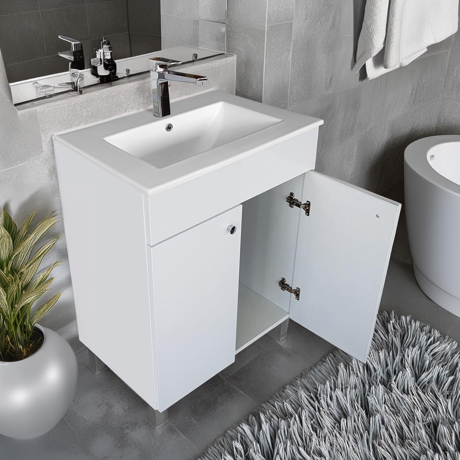 IGA Lavabo avec meuble sous vasque, à poser, angulaire, en céramique, ensemble de meubles de salle de bains, (blanc, 60 cm)