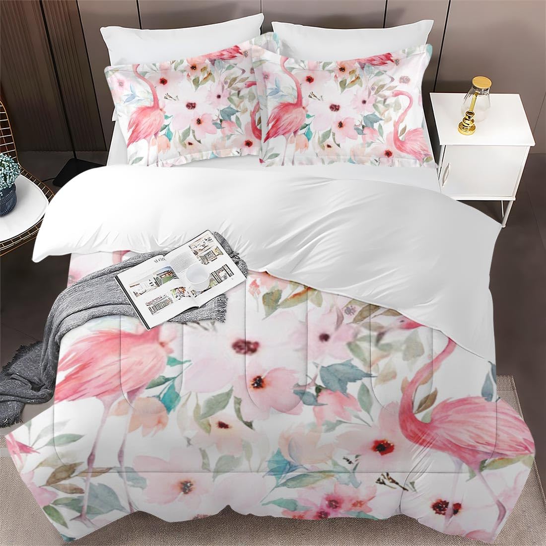 Amazon.com: Pinbeam Comforter Set King Size, Floral Flamingo