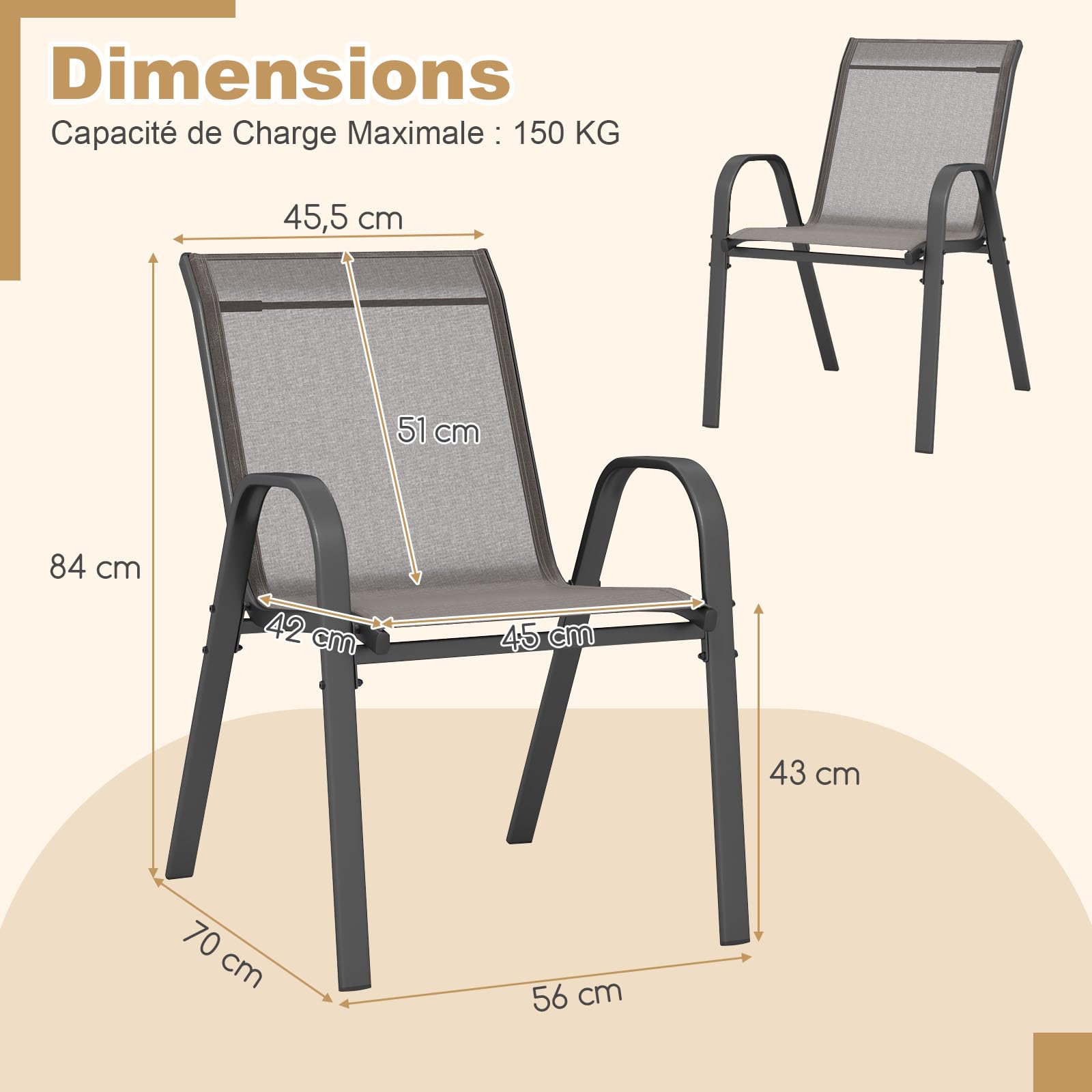 COSTWAY Lot de 2/4 Chaises de Jardin Exterieures avec Cadre en Métal, Chaise de Salle à Manger Empilable en Tissu Respirant, Fauteuil d'Extérieur pour Cour, Balcon, Piscine, Charge 150 KG (Gris,4)