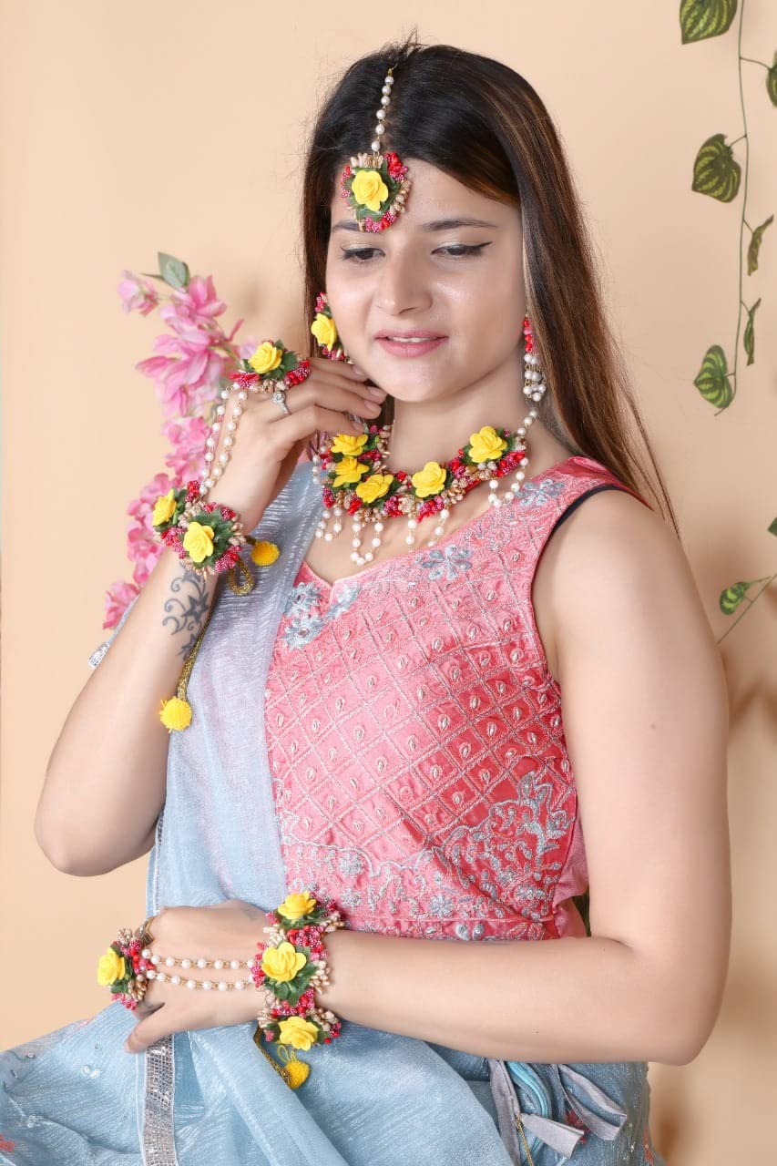 Craftsai Exports Flower Necklace Set with Maang Tika, Earrings and Bracelet for Women and Girls (Yellow and Red )