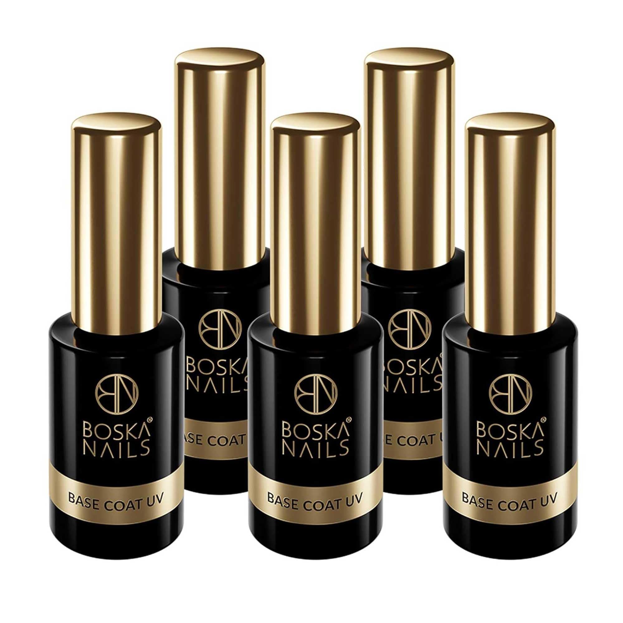 Set Base Coat UV 5 x 10 ml, Base professionale in gel per smalti ibridi, Primer UV trasparente con adesione e costruzione, Per studi professionali e utilizzi frequenti