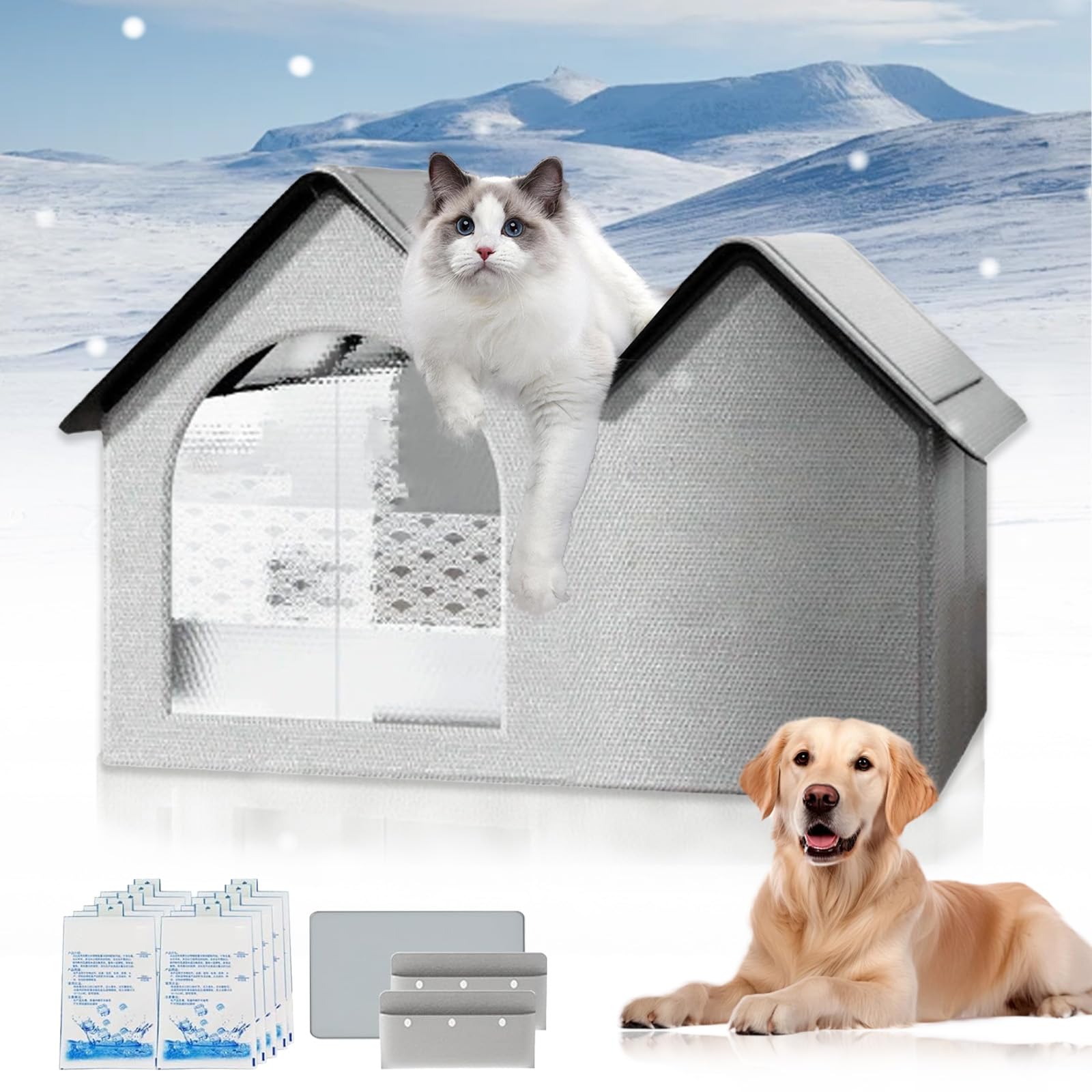 Pet Cooling House - M/L/XL Pet Summer House with 10 Ice Packs, Foldable Cat Cooling House, Double Insulated Air Conditioned Dog Houses, Ventilate & Easy Clean for Cats & Small Dogs (Pair,M)